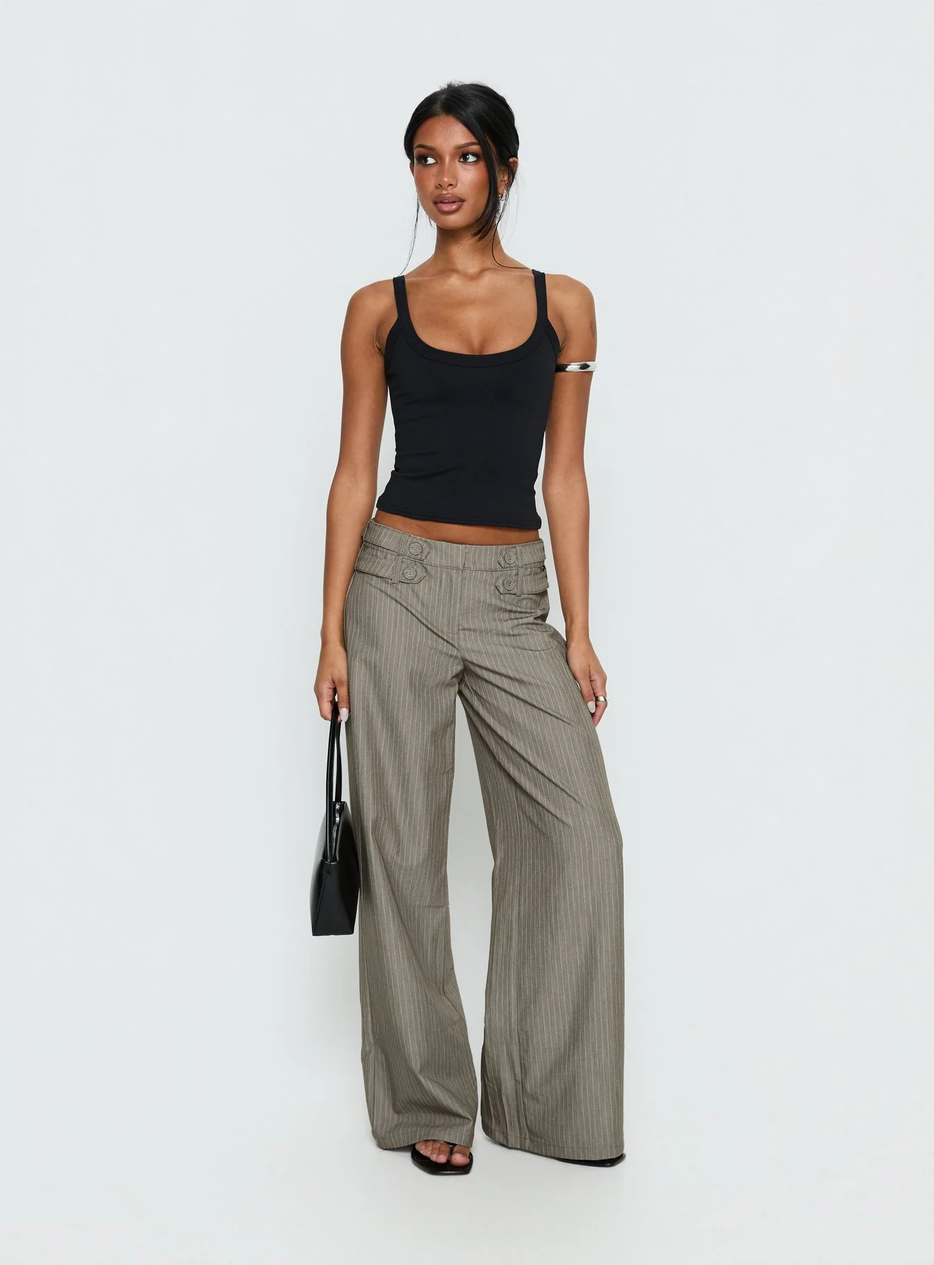 Princess Polly Jette Tailored Buckle Pant Taupe Pinstripe