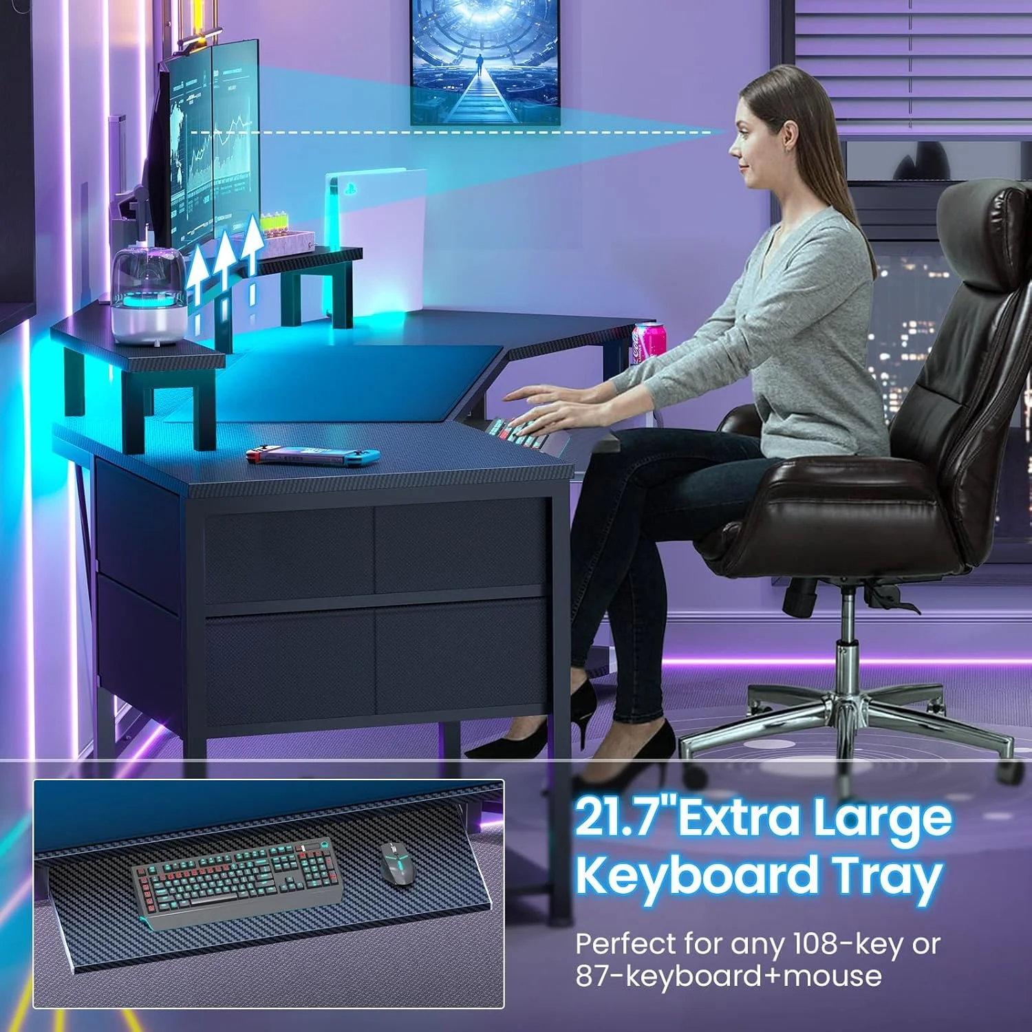 79" Gaming Desk with LED Lights and Power Outlets, U Shaped Desk with Monitor Stand and Drawers, Gaming Table with Keyboard Tray, Cup Holder and CPU Stand for Bedroom, Carbon Fiber Black - Image 9
