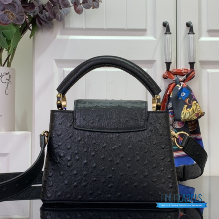 Black Ostrich Leather Mini Handbag with Pearl Chain Detail1:1High-quality replica
