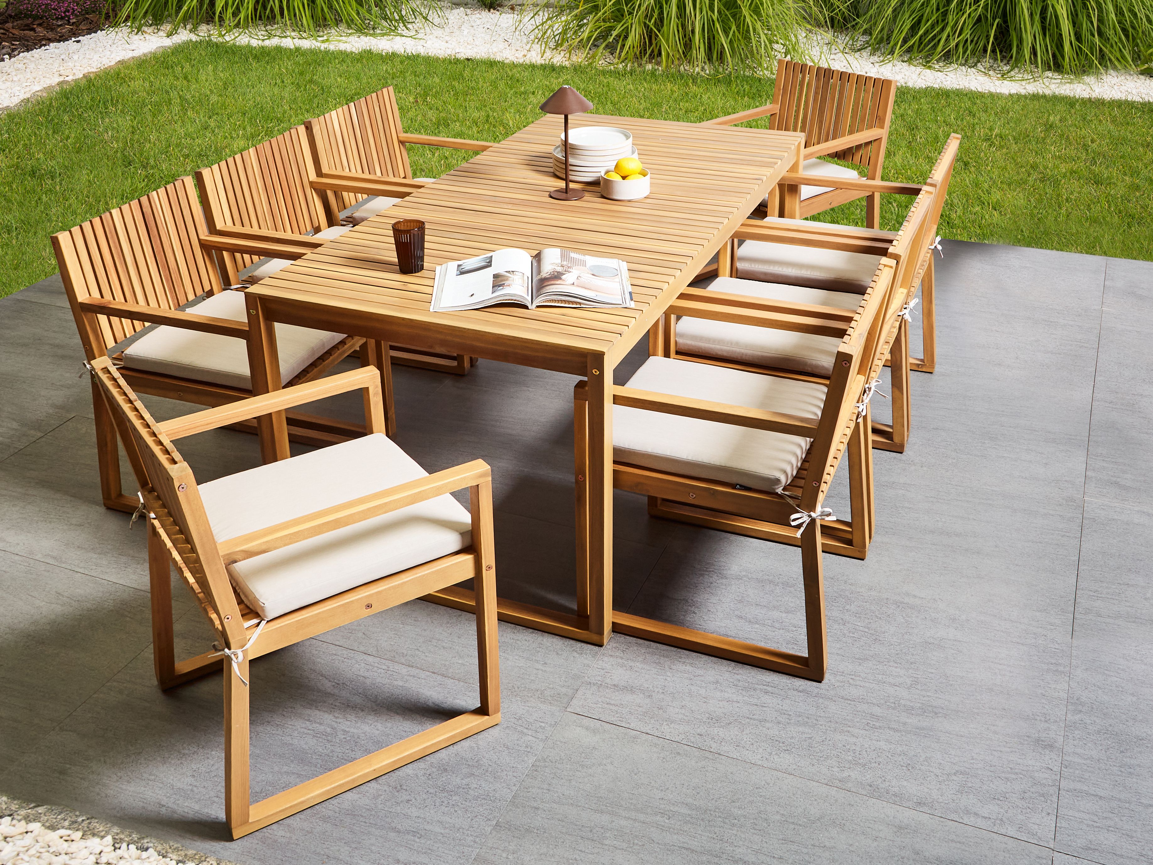 Garden Dining Set 8 Seater SASSARI PREMIUM with Cushions Certified Acacia Wood Light Beige