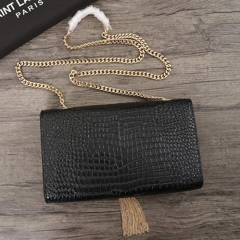 Saint Laurent Medium Kate Chain Bag with Tassel In Crocodile Embossed Shiny Leather Black Gold - Zealreplica ru | Zealreplicaru.com1:1High-quality replica