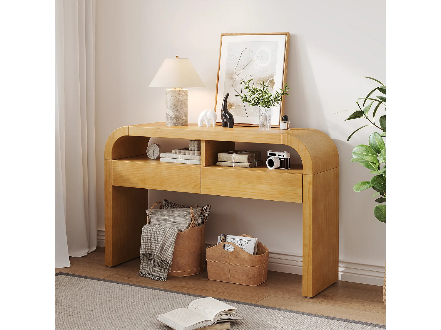 Console couleur bois 120 x 35,5 x 76,5 cm avec 2 tiroirs et 2 niches