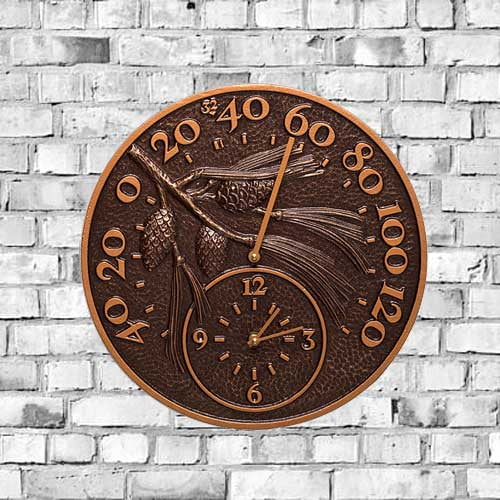 Whitehall Pinecone Thermometer & Clock, Antique Copper, 14