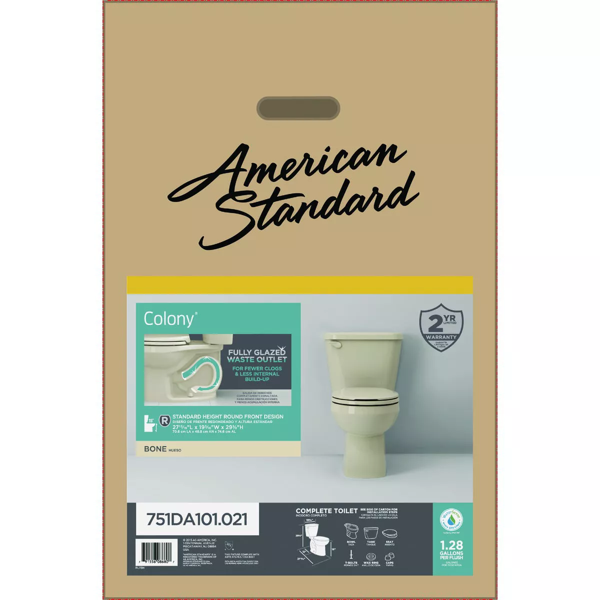 American Standard Colony3 Bone Round Bowl 1.28 GPF Toilet-to-Go