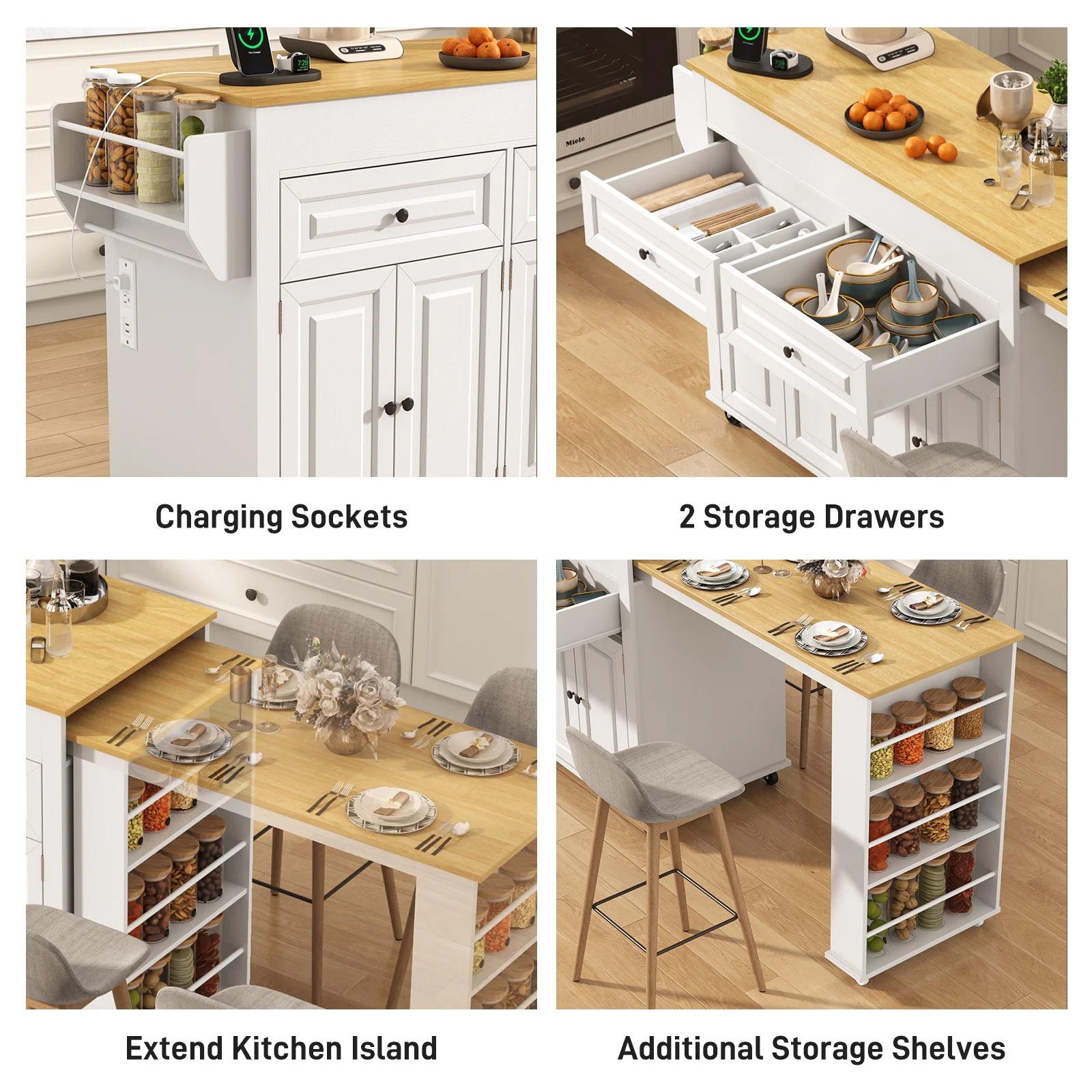 ANPOO Large Kitchen Island with Extendable Dining Table and Power Outlet, Rolling Kitchen Island Cart on Wheels with 2 Storage Cabinets & 2 Drawers & 3 Spice Racks, Island Table for Kitchen - Image 12