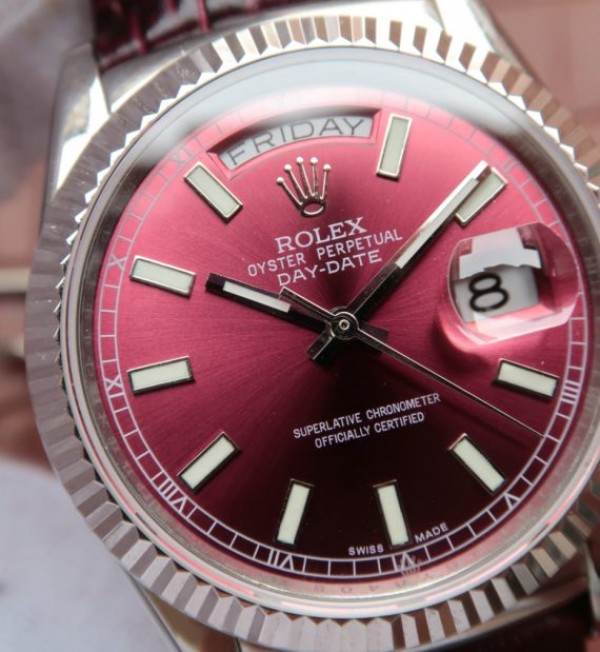 Replica Rolex Day-Date 36mm 118139-L Red Dial Stick Markers Brown Leather Strap A2836 - Elite Watch Atelier