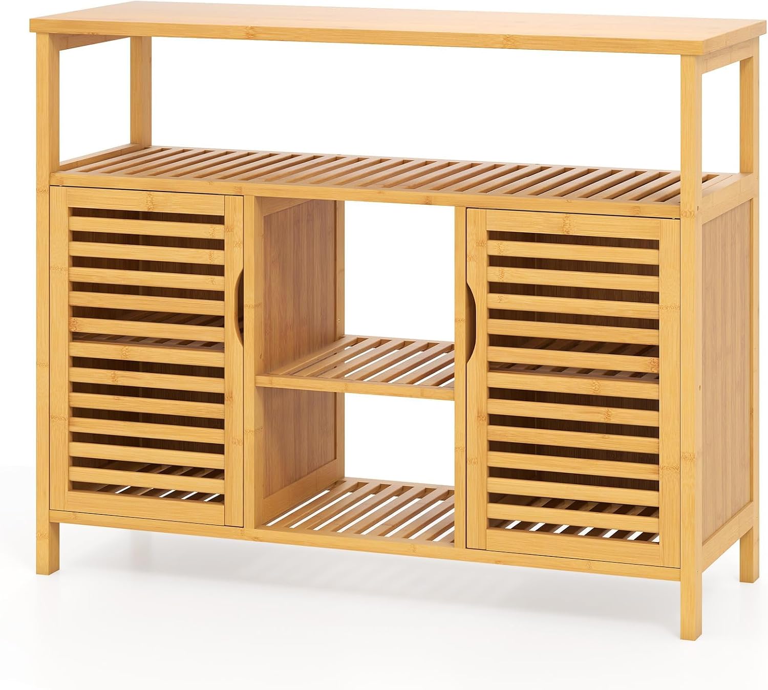 Giantex Bamboo Bathroom Storage Cabinet, 2-Door Storage Organizer with Shelves, Freestanding Floor Cabinet, Slatted Bamboo Home Furniture for Living Room Entryway Kitchen Dining Room, Natural
