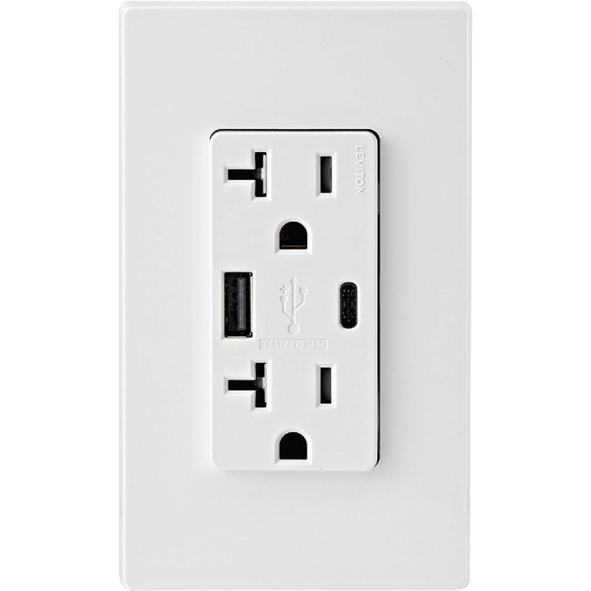 Leviton Decora 20A White 5.1A Type A/C USB with 5-20R Tamper Resistant In-Wall Charger Duplex Outlet