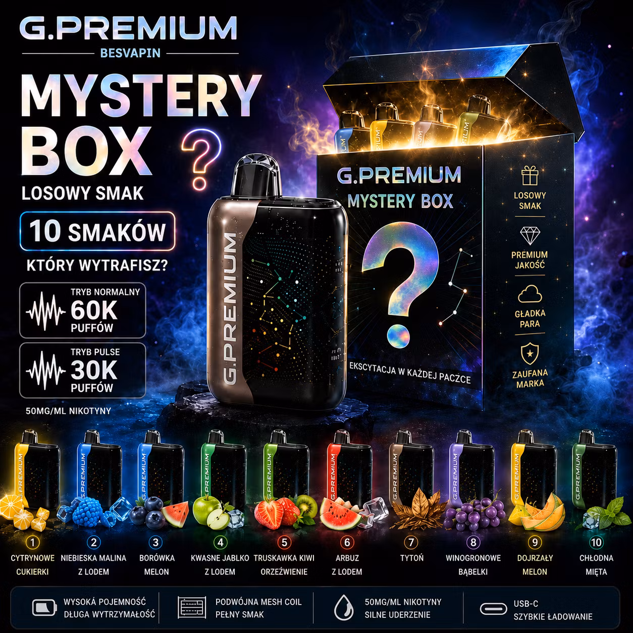 GEEK BAR PREMIUM 60 000 puffów – MYSTERY BOX: losowy smak z 10 do wyboru; tryb Normal 60K i Boost 30K