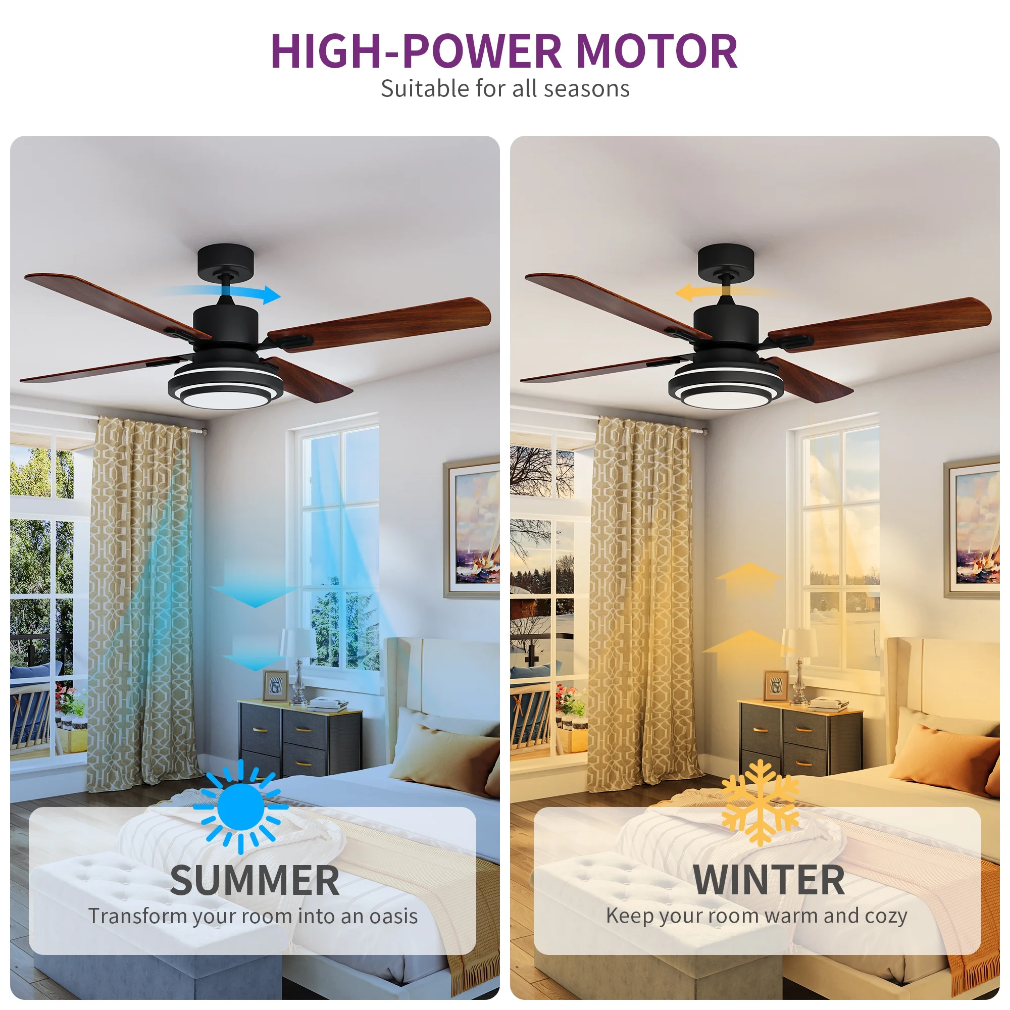 Dextrus 52'' Modern Ceiling Fan with LED Light, 6-Speed & 5-Timer Remote, Dual-Finish Blades - Black