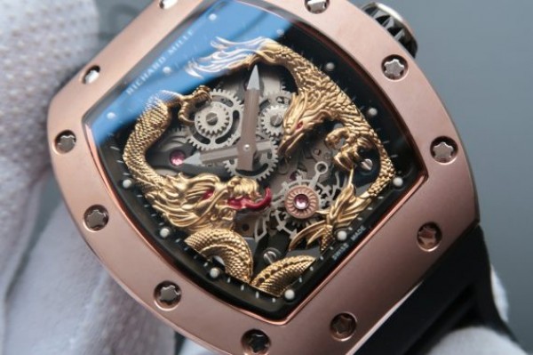 Replica Richard Mille RM057 Dragon Phoenix RG Case YG Dragon Dial Black Rubber Strap - Elite Watch Atelier