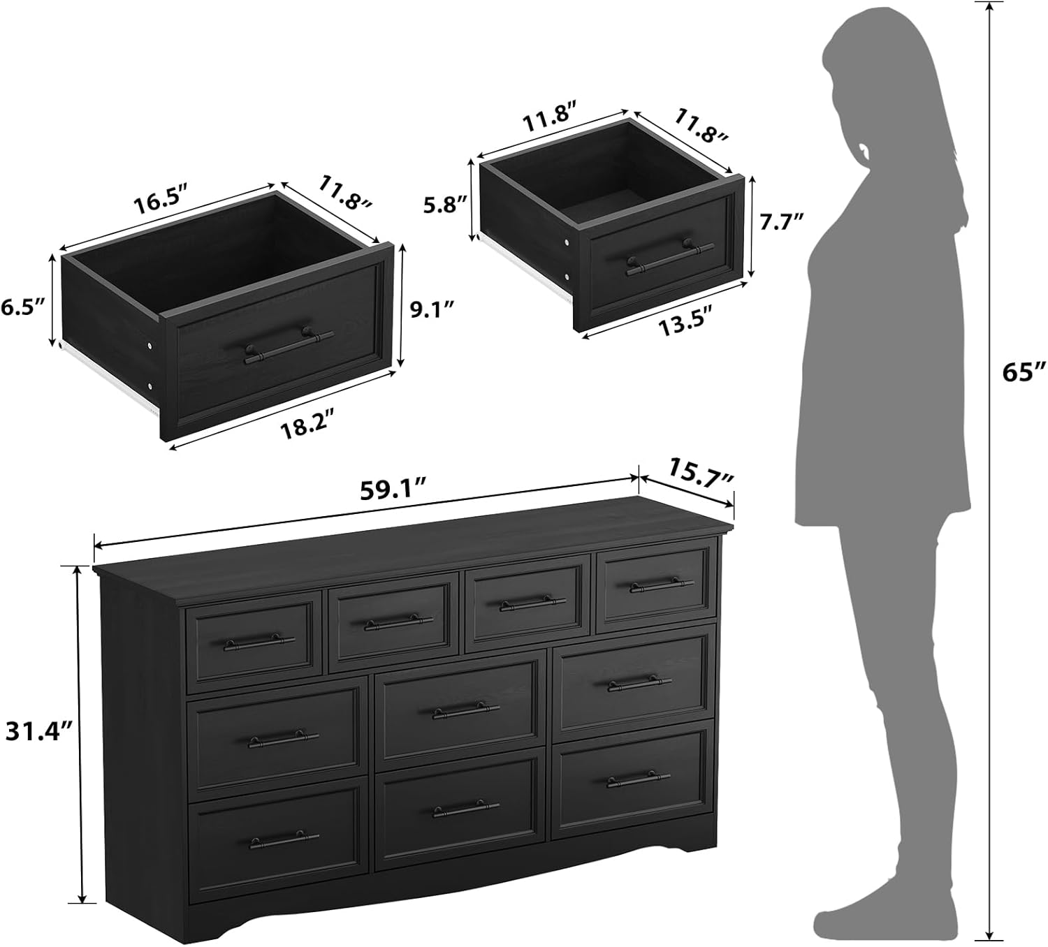Black Dresser for Bedroom, 10 Drawer Dresser, 59