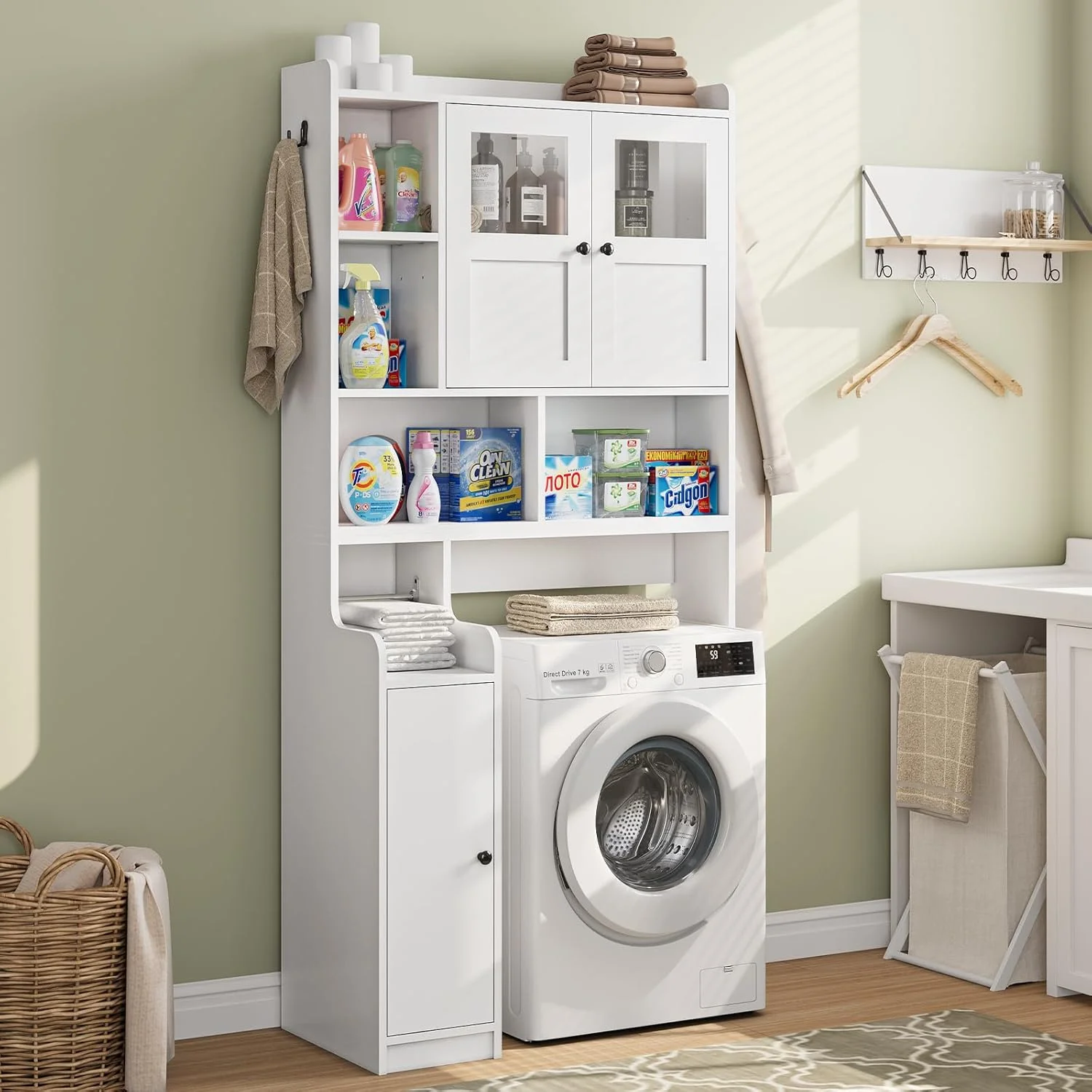 Over The Toilet Storage Cabinet with 3 Doors, Farmhouse Space Saver for Bathroom Organizer with Paper Holder, 10 Shelves and Hooks, 7-Tier Over Washing Machine Cabinet for Laundry, Bathroom, Natural - Image 15