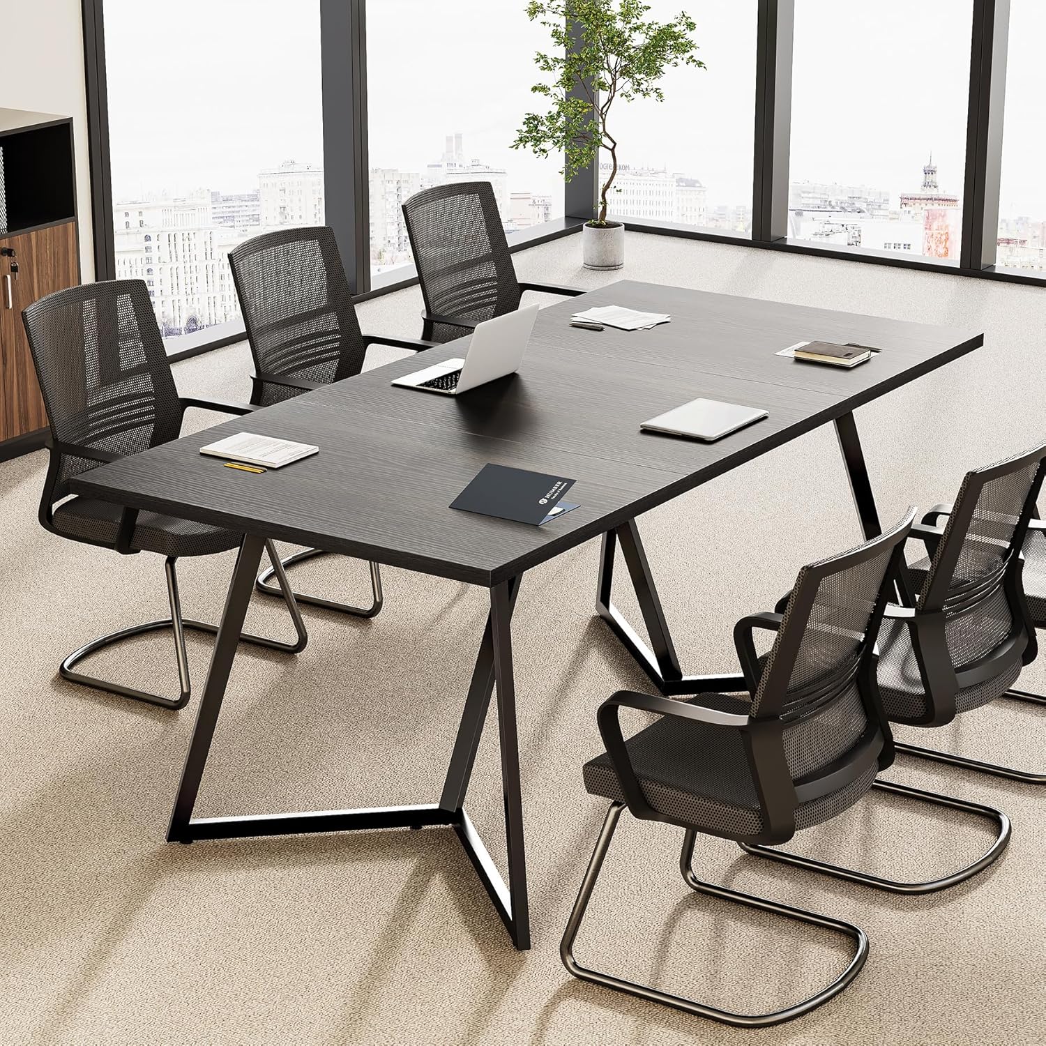 LITTLE TREE 70.86-Inch Conference Table for 8, Black Conference Room Table with Metal Base, Modern 5.9 ft Rectangular Table for Boardroom, Meeting, Conference Room