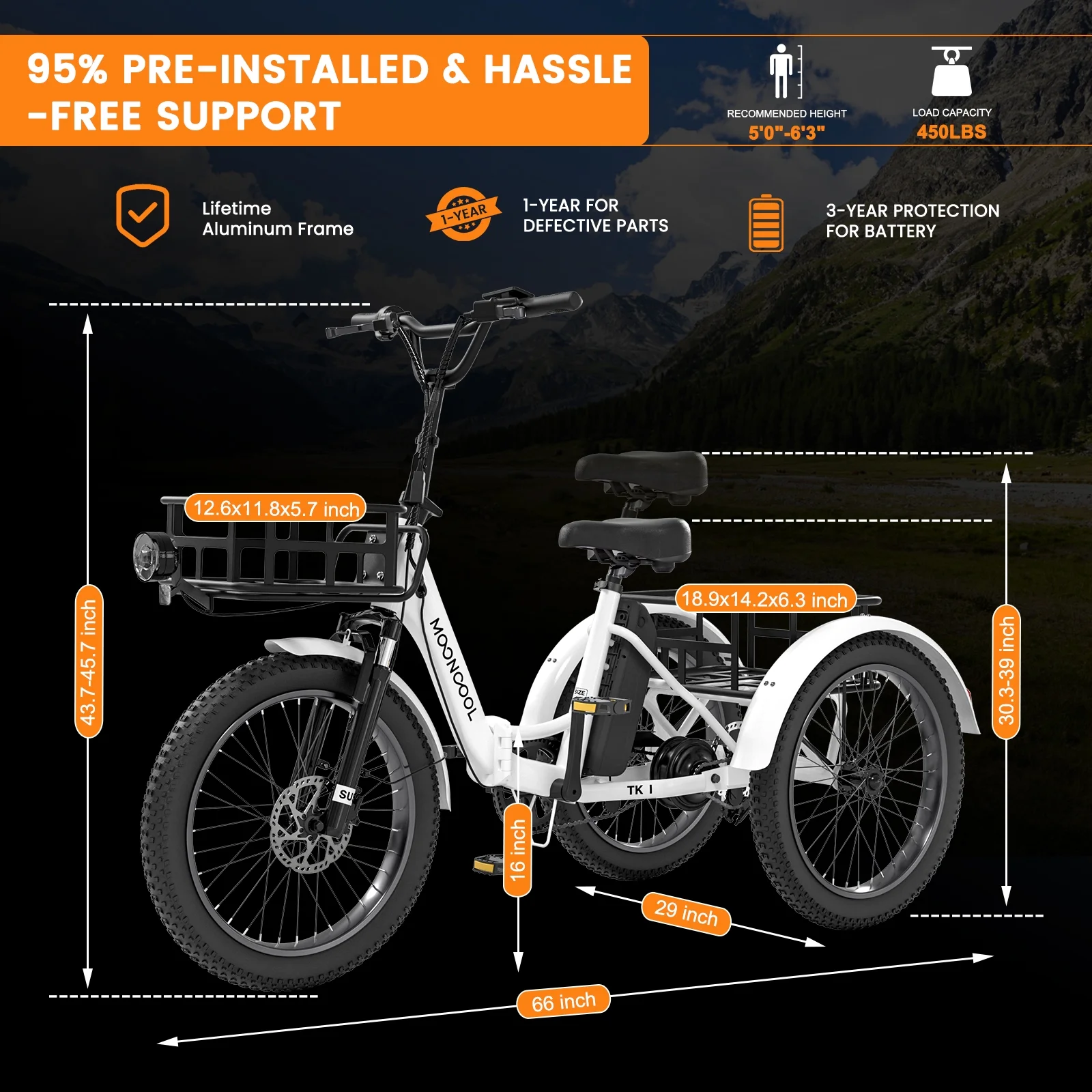 MOONCOOL TK1 Folding Electric Tricycle for Adults,48V 14.5Ah Removable battery, 500W(Peak 1000w)Motor, 20" Fat Tire Step-Thru 3Wheel Electric Bicycle w/Front&Rear Baskets, Certified to UL 2849 by SGS - Image 50
