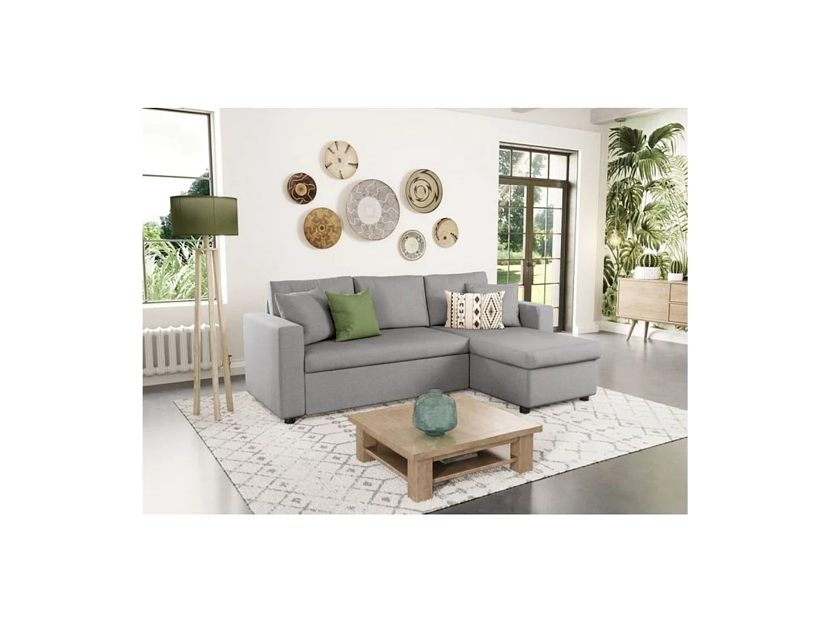 Canapé d'angle 3 places Maria réversible, convertible avec coffre en tissu - Gris clair - L227 x P146 x H81cm - Loungitude