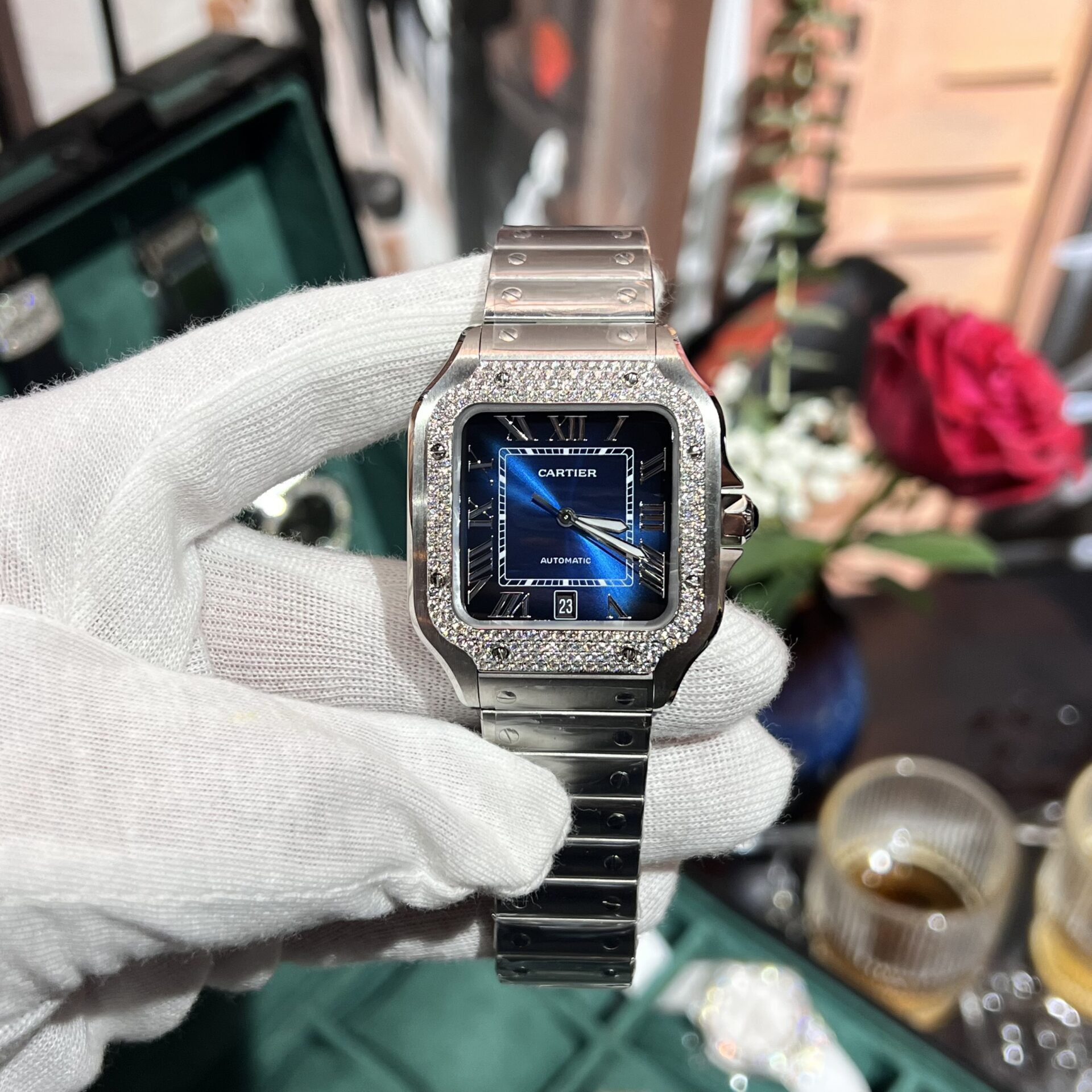 Cartier Replica Watch Santos Moissanite Diamond Bezel Blue Dial BV Factory 39.8mm - Top club