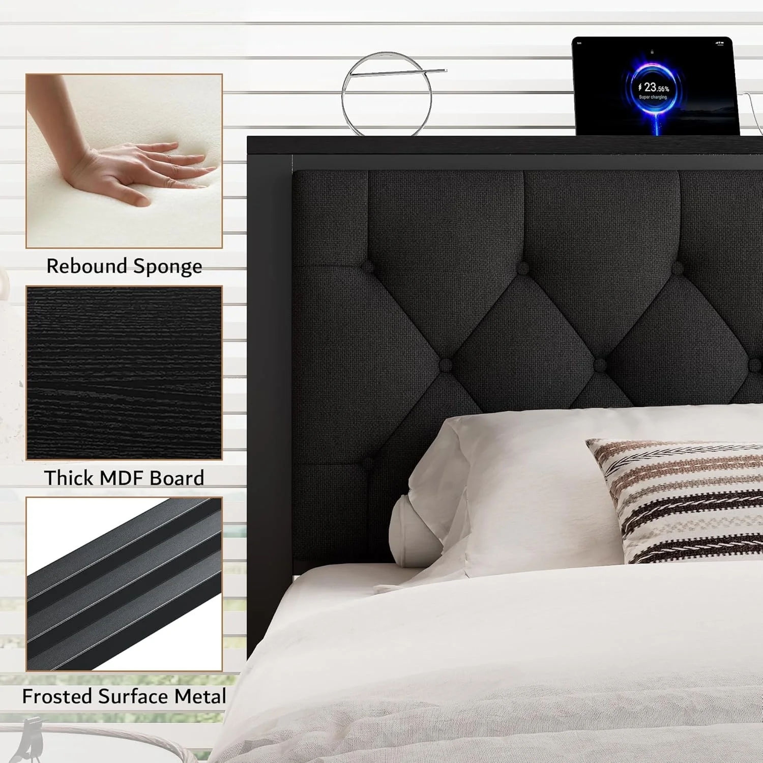 iPormis Full Bed Frame with 2 Drawers, Metal Platform Bed with Charging Station and Linen Fabric Storage Headboard Strong Metal Slats Black,Gray - Image 18