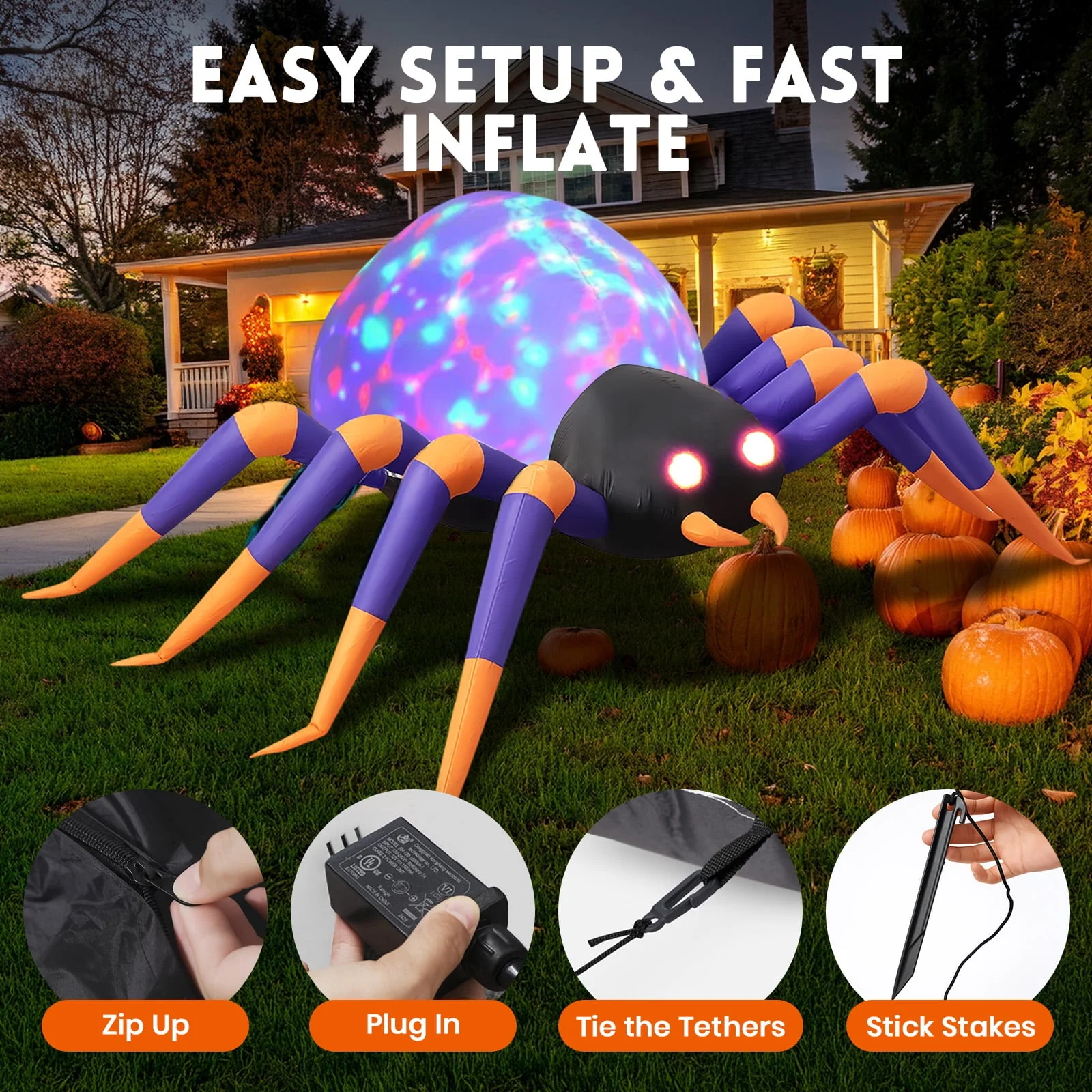 GVDV 8 FT Halloween Spider Inflatables Outdoor Decorations, Blow Up Yard Decoration with Built-in LED Lights for Holiday, Party, Yard, Garden - Image 5 GVDV 8 FT Halloween Spider Inflatables Outdoor Decorations, Blow Up Yard Decoration with Built-in LED Lights for Holiday, Party, Yard, Garden - Image 5