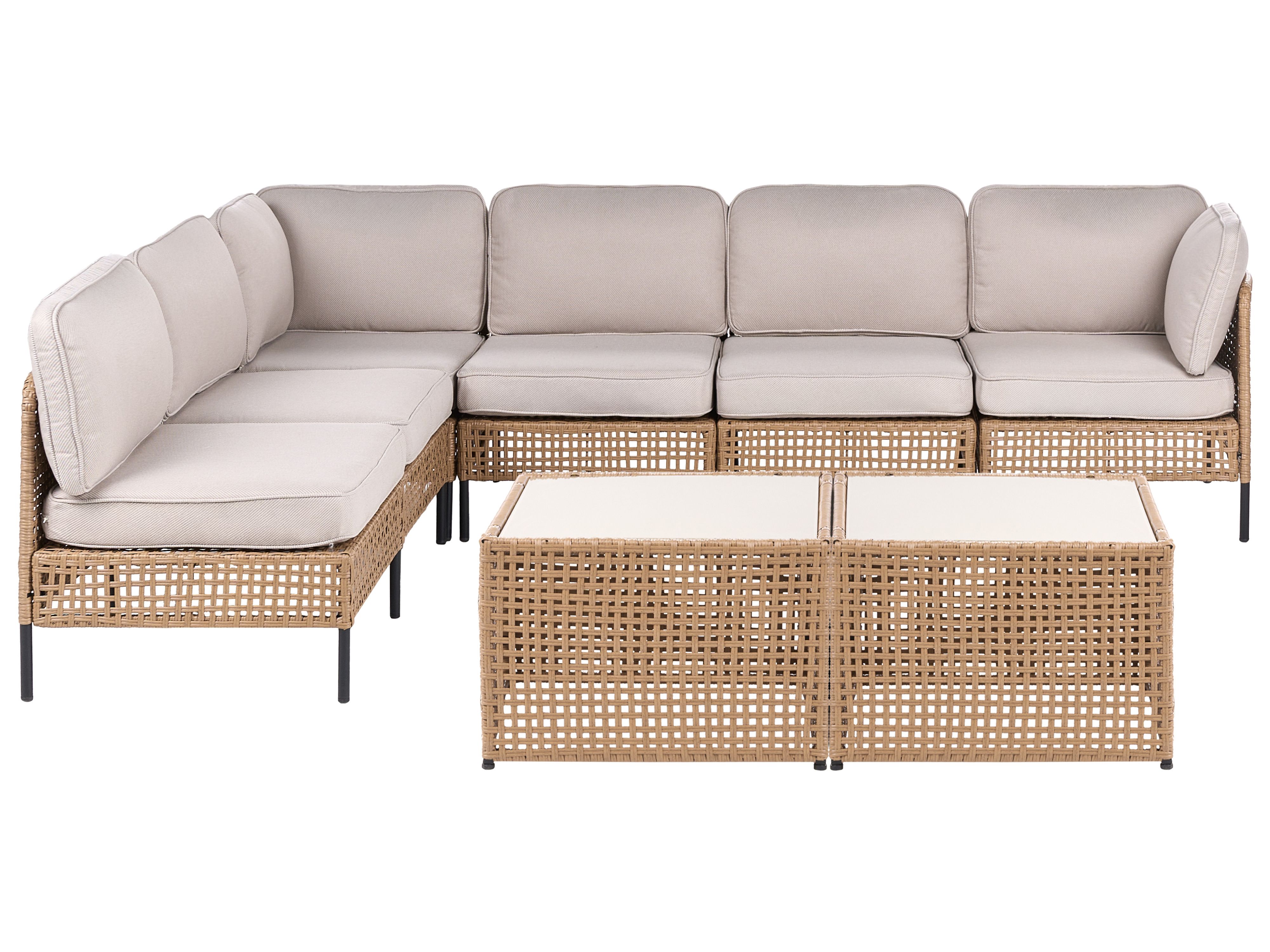 Garden Corner Sofa with Table 6 Seater OMEGANA Modular PE Rattan Light Beige