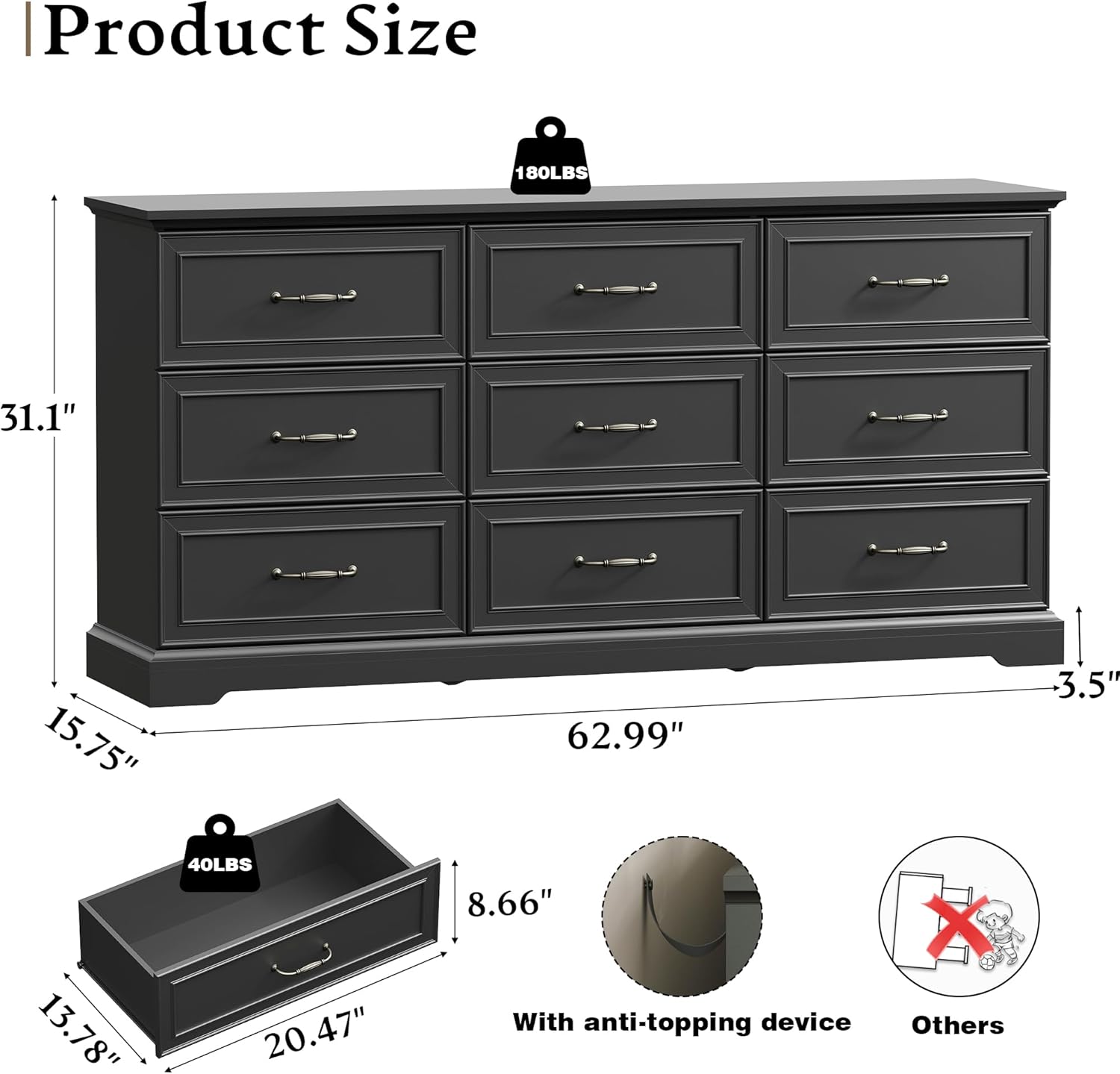 Farmhouse 9 Drawers Dresser for Bedroom, 63
