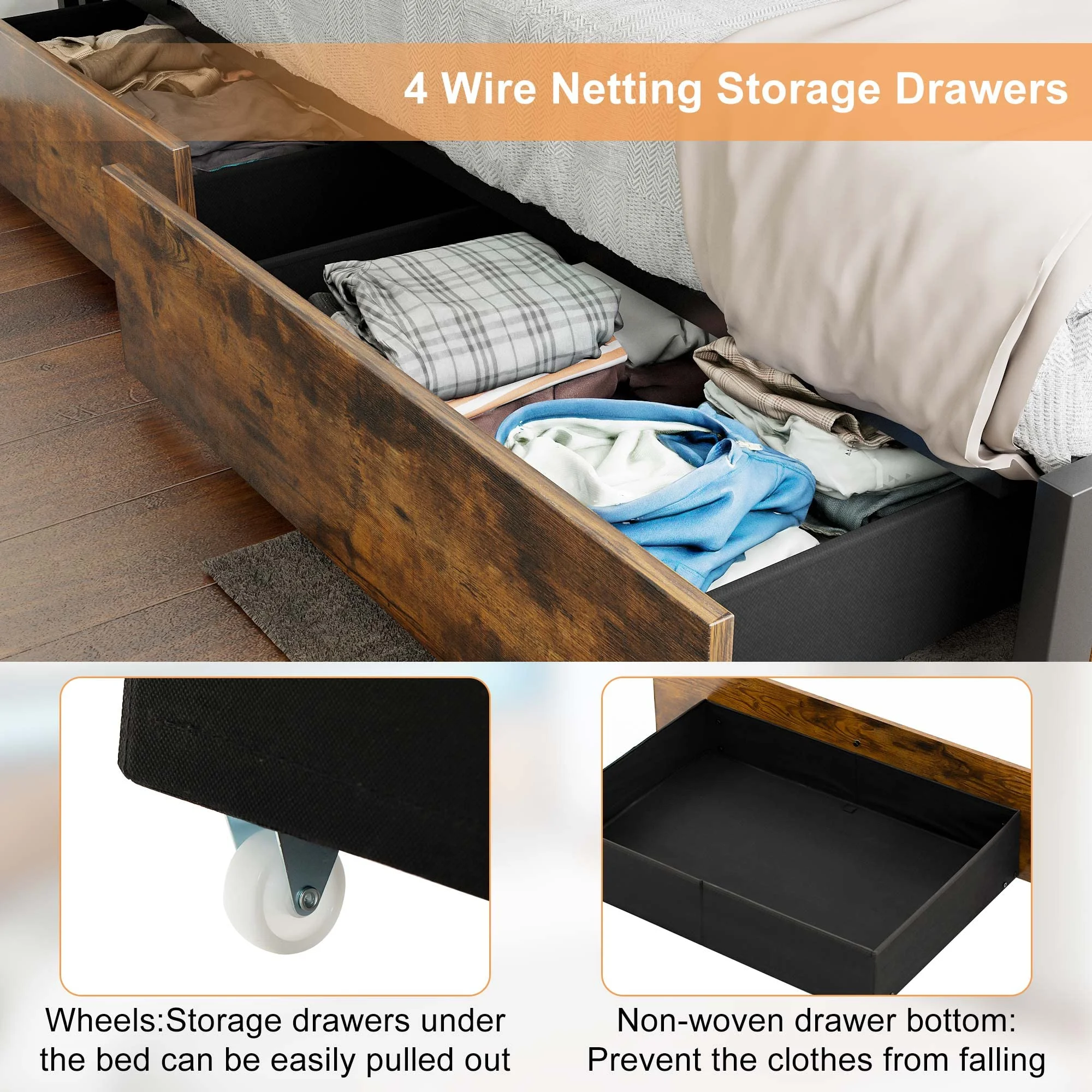 LED Full Bed Frame with Storage Headboard & 4 Drawers, Industrial Metal Platform Bed with Power Charging Station & USB Ports - Image 5
