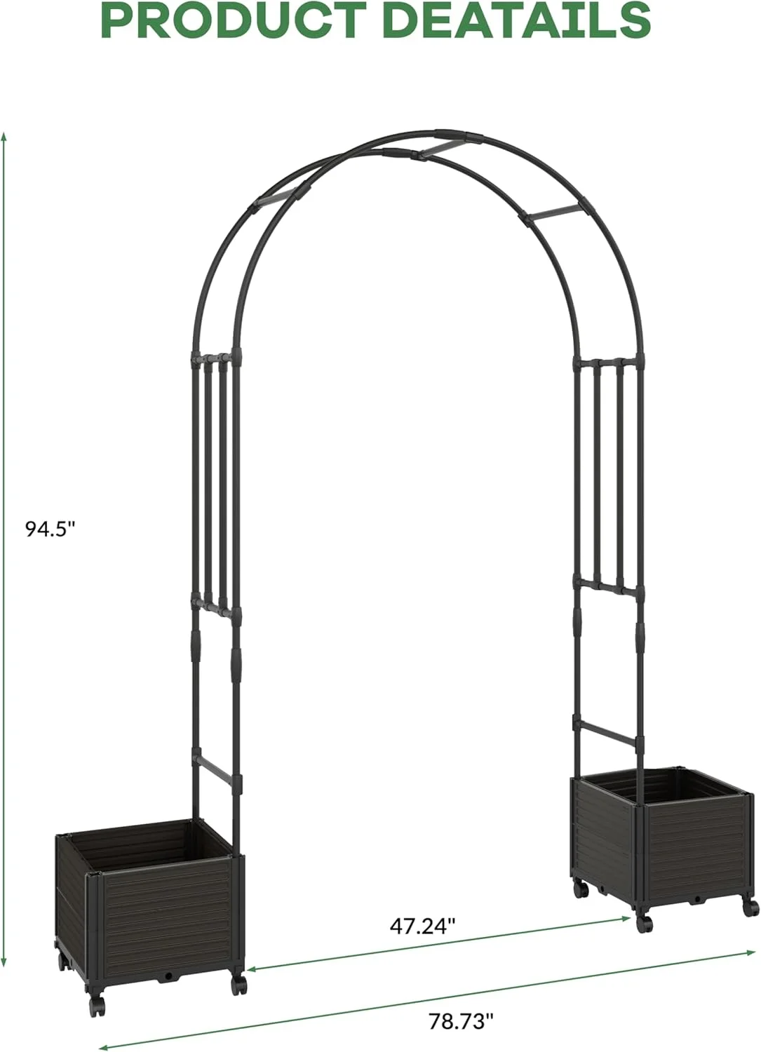 Garvee Metal Garden Arch Trellis for Climbing Plants, 2 Raised Planter Box, 78.73*15.74*94.5