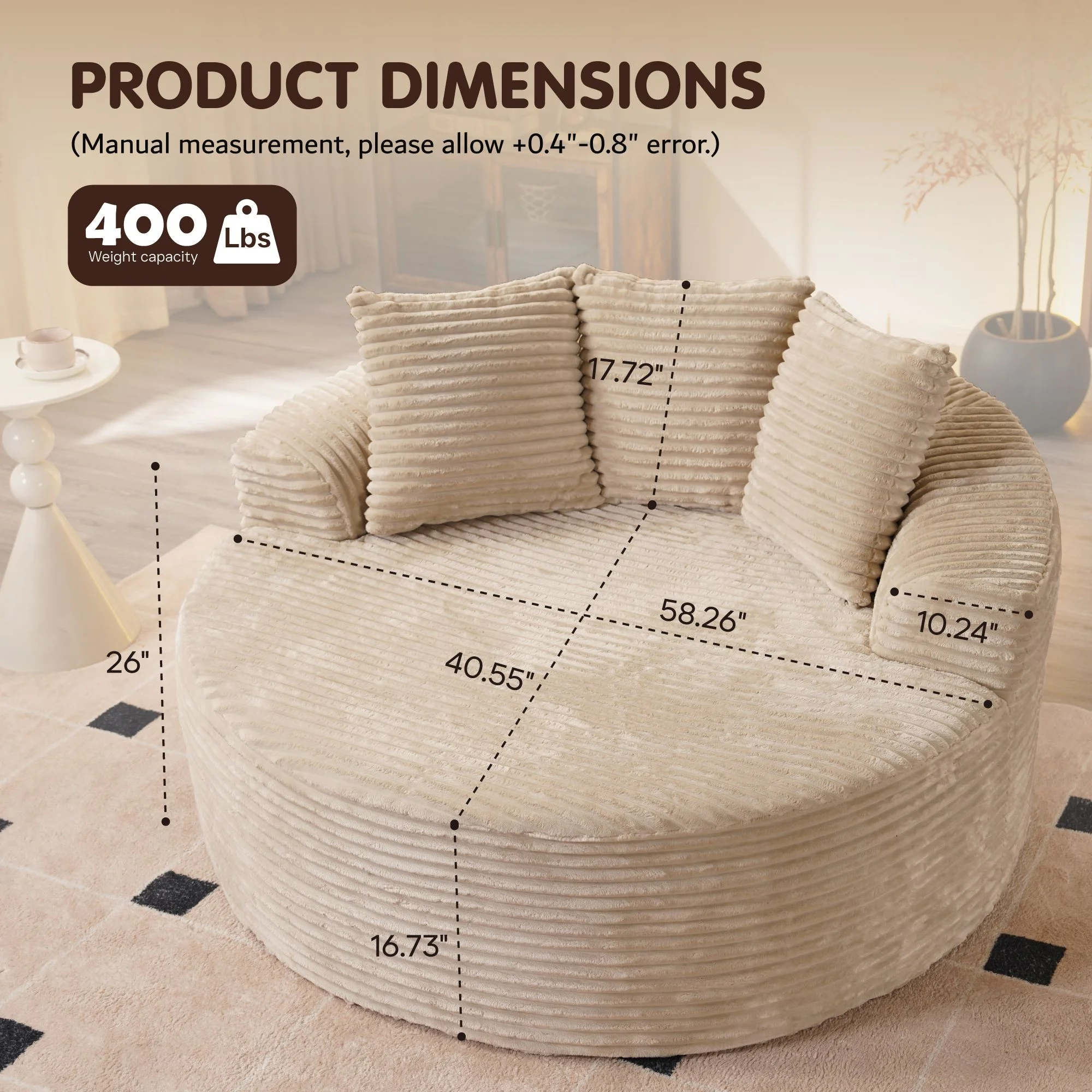 Ovios 58'' Oversized Chaise Lounge Indoor Chair Modern Cloud Floor Sofa Bed Comfy Upholstered Sleeper Couch Deep Seat Accent Reading Chair for Living Room, Bedroom, No Assembly, Black(Plush Corduroy) - Image 16