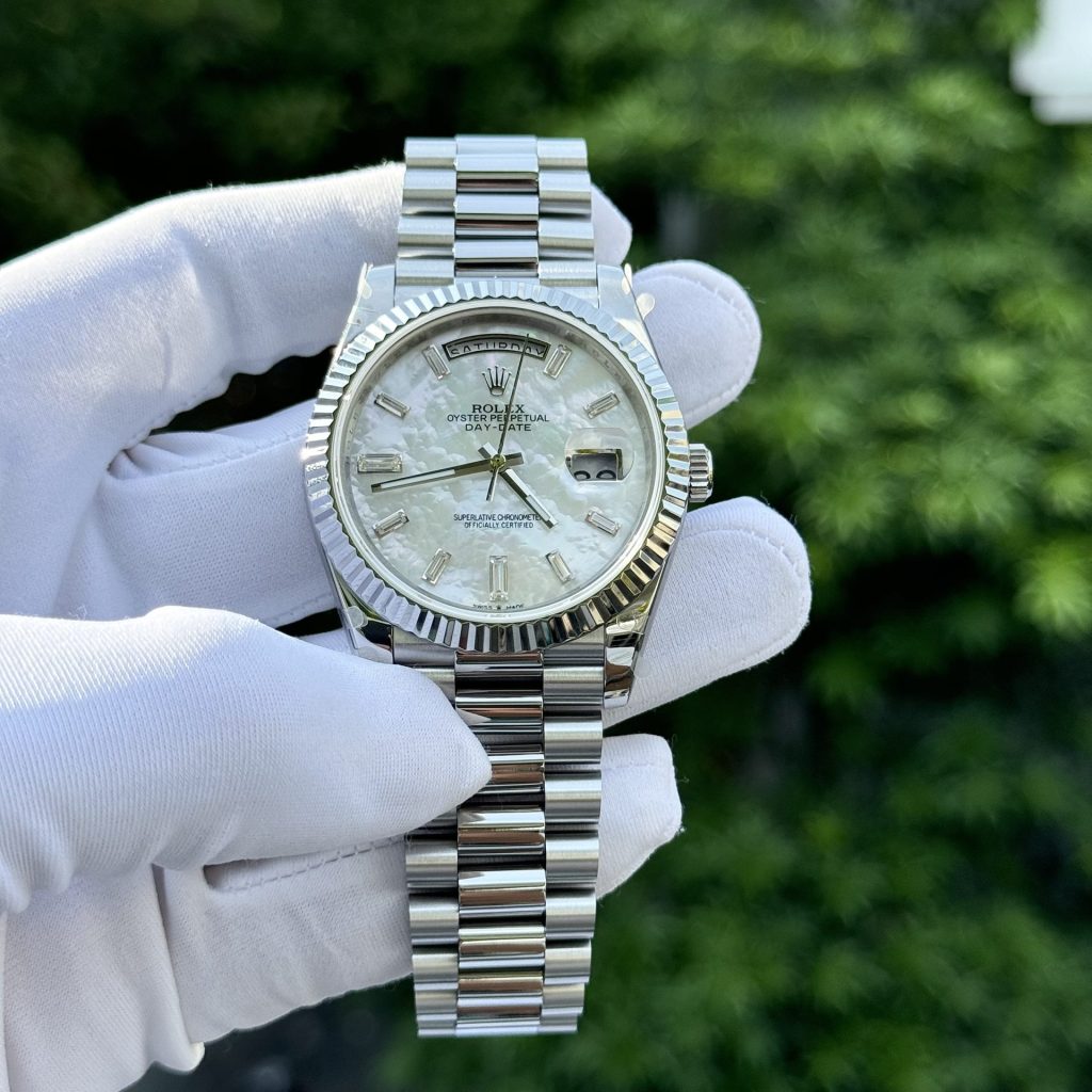 Rolex Day-Date Replica Watch Custom Mother Of Pearl   Moissanite Diamonds Baguetee 40mm - Elite Watch Atelier