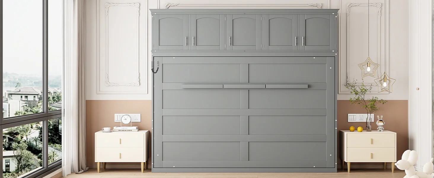 Newest Queen Size Murphy Bed Wall Bed with Top Cabinets,Gray - Image 6