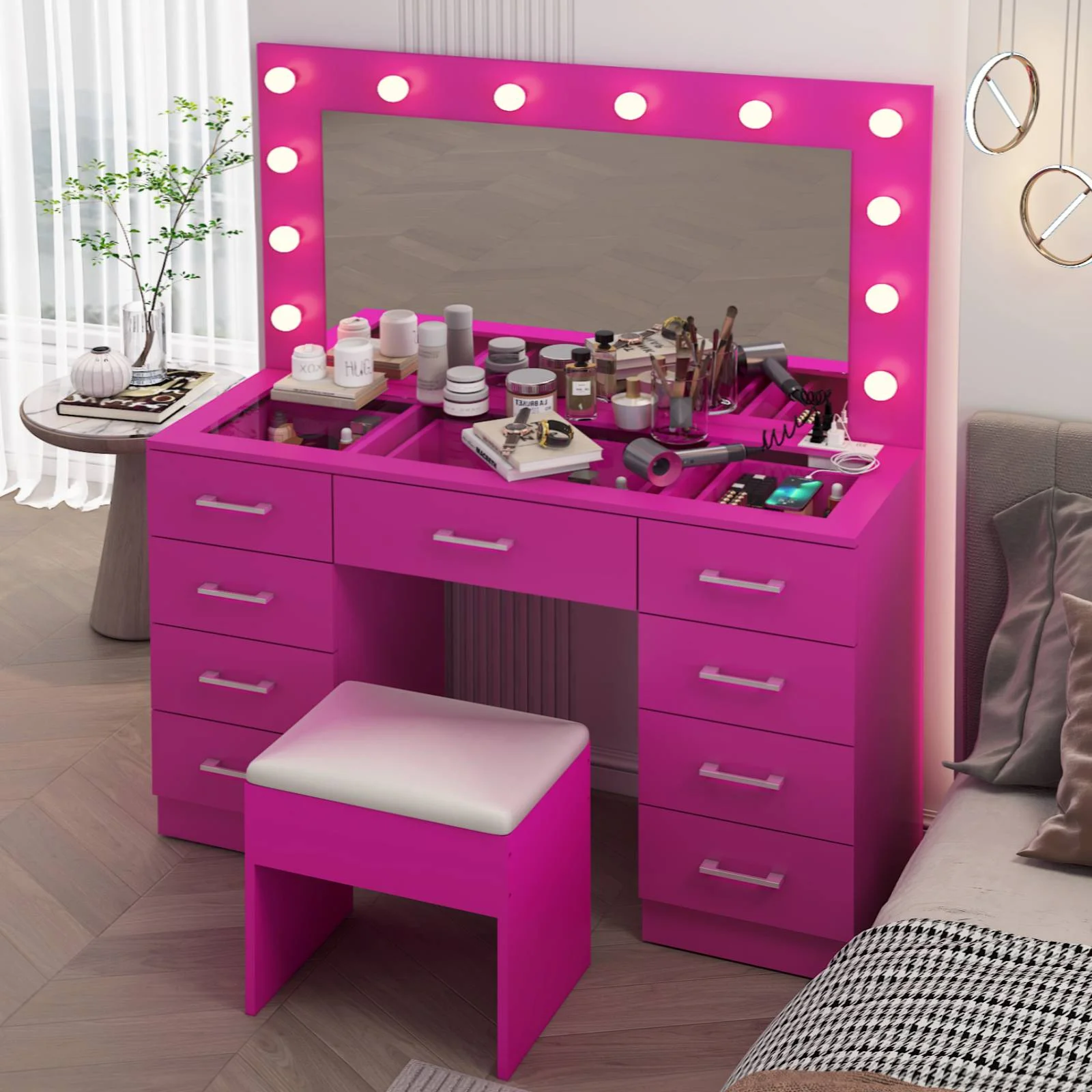 Ktaxon Large Makeup Vanity, Vanity Table Set w/ Visible Glass Top w/ Charging Station, White - Image 19