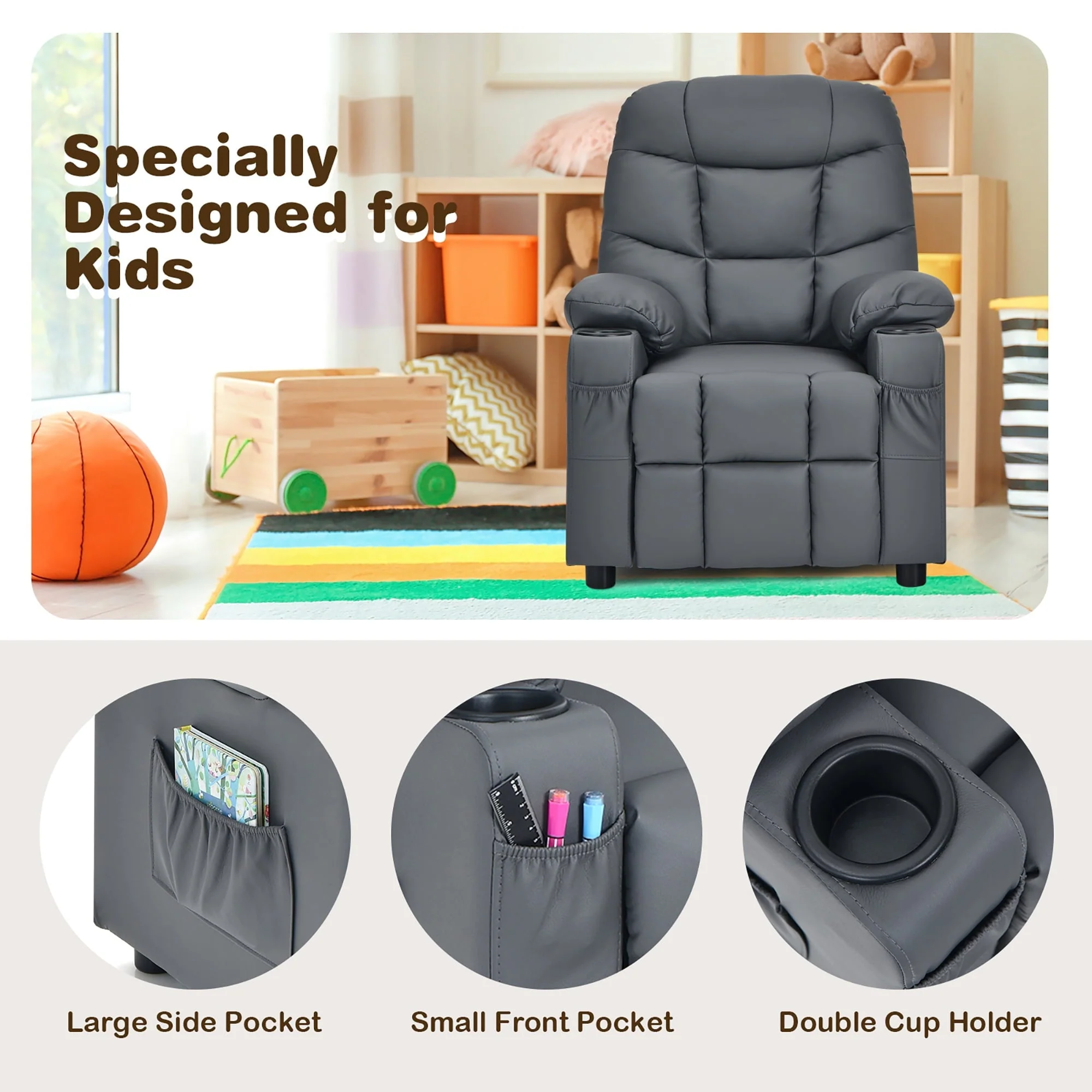 Costway Kids Youth Recliner Chair PU Leather w/Cup Holders & Side Pockets Grey - Image 10