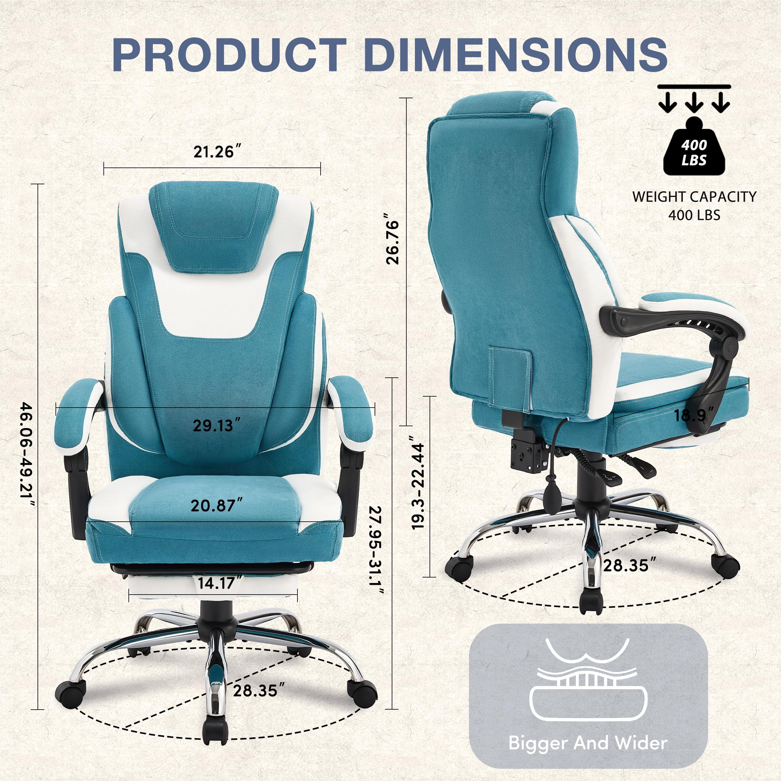 JONPONY Big and Tall Office Chair 400lbs, Executive Reclining Office Chairs with Footrest, High Back Home Office Chair Thick Padded Armrests, Ergonomic Adjustable Lumbar Support, PinkWhite - Image 20