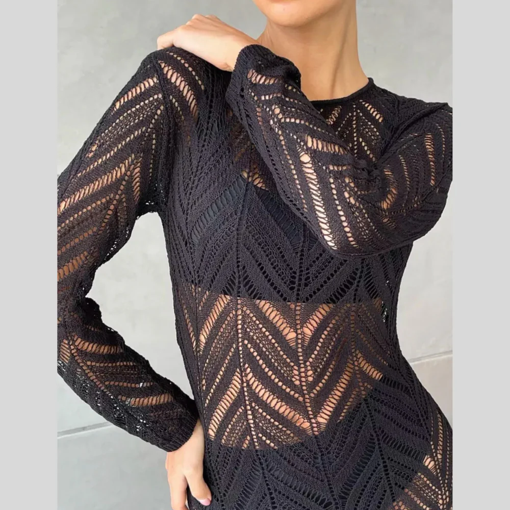 Openwork Long Sleeve Knit Cover Up Dress - ZKZOOK