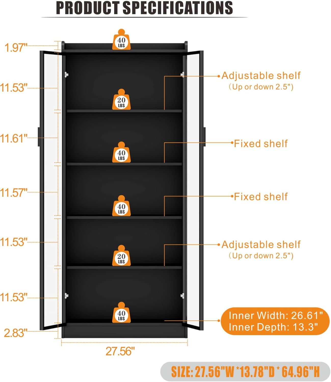 Display Cabinet with Doors and Adjustable Shelves, 65
