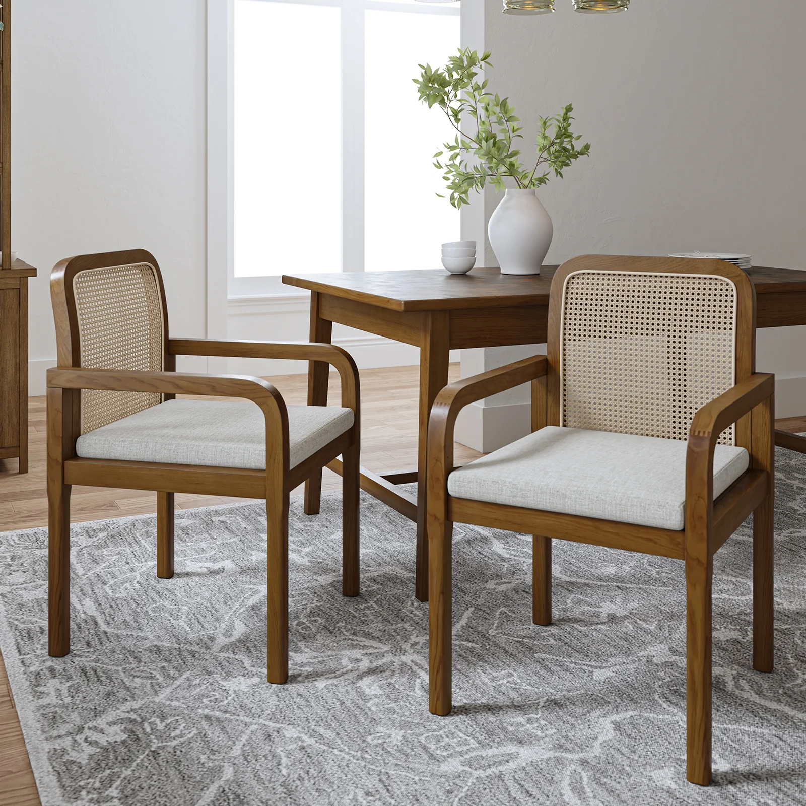 Rattan Dining Chairs Set of 2 Wooden Armchairs Removable Cushion Home Kitchen Restaurant Acorn