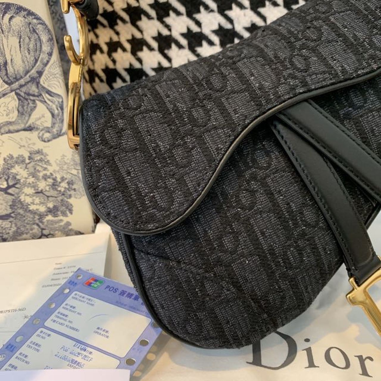 Christian Dior Saddle Bag Black Oblique Embroidered Canvas Gold Toned Hardware For Women 19.5cm/7.6in CD1:1High-quality replica