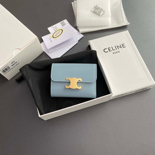 Celine TRIOMPHE shiny leather short wallet blue