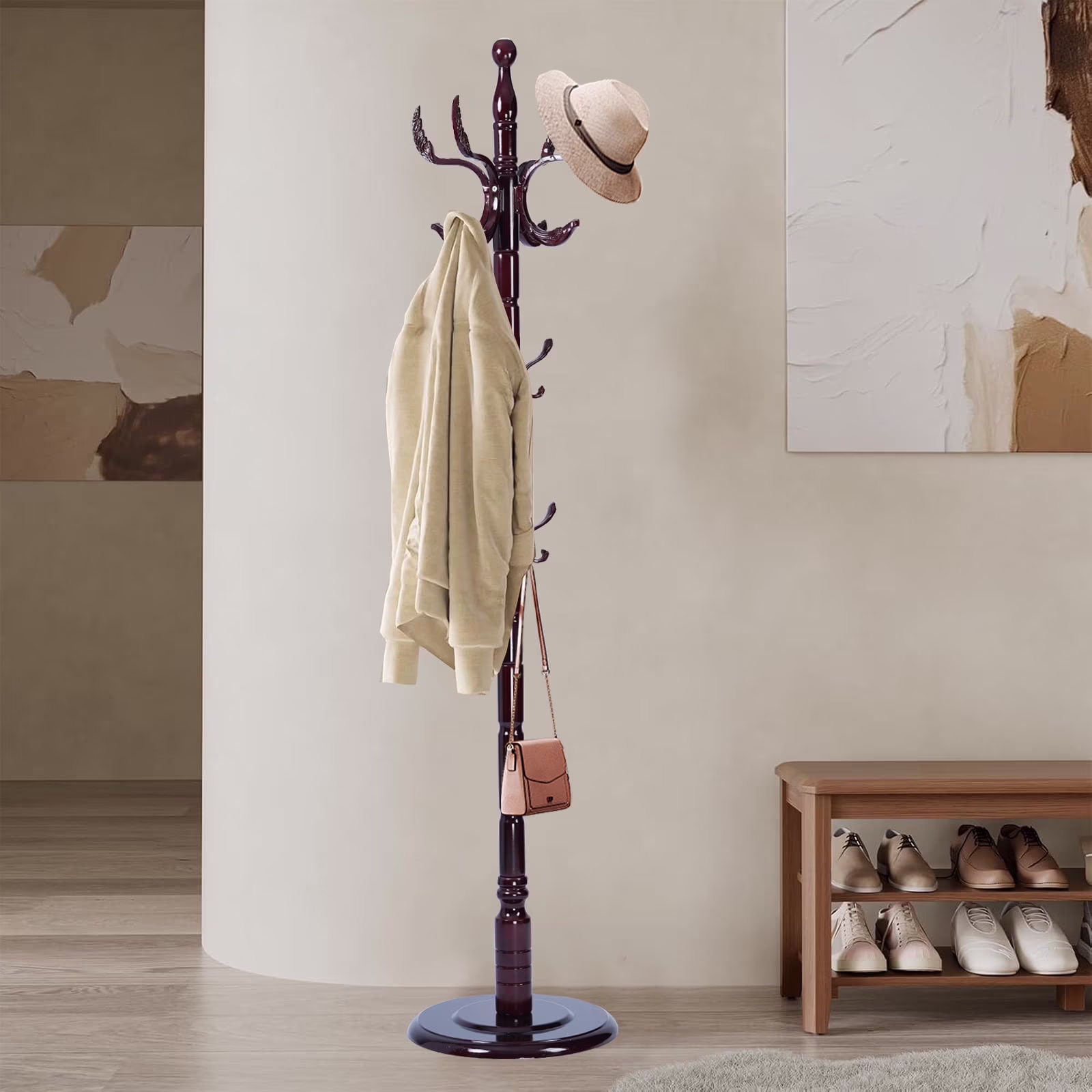 Coat Rack Freestanding, Hall Tree with 11 Hooks, Heavy Duty Wooden Coat Tree Stand, Adjustable Height, Sturdy Base for Bedroom Hallway Office - Load 270lbs - Image 3