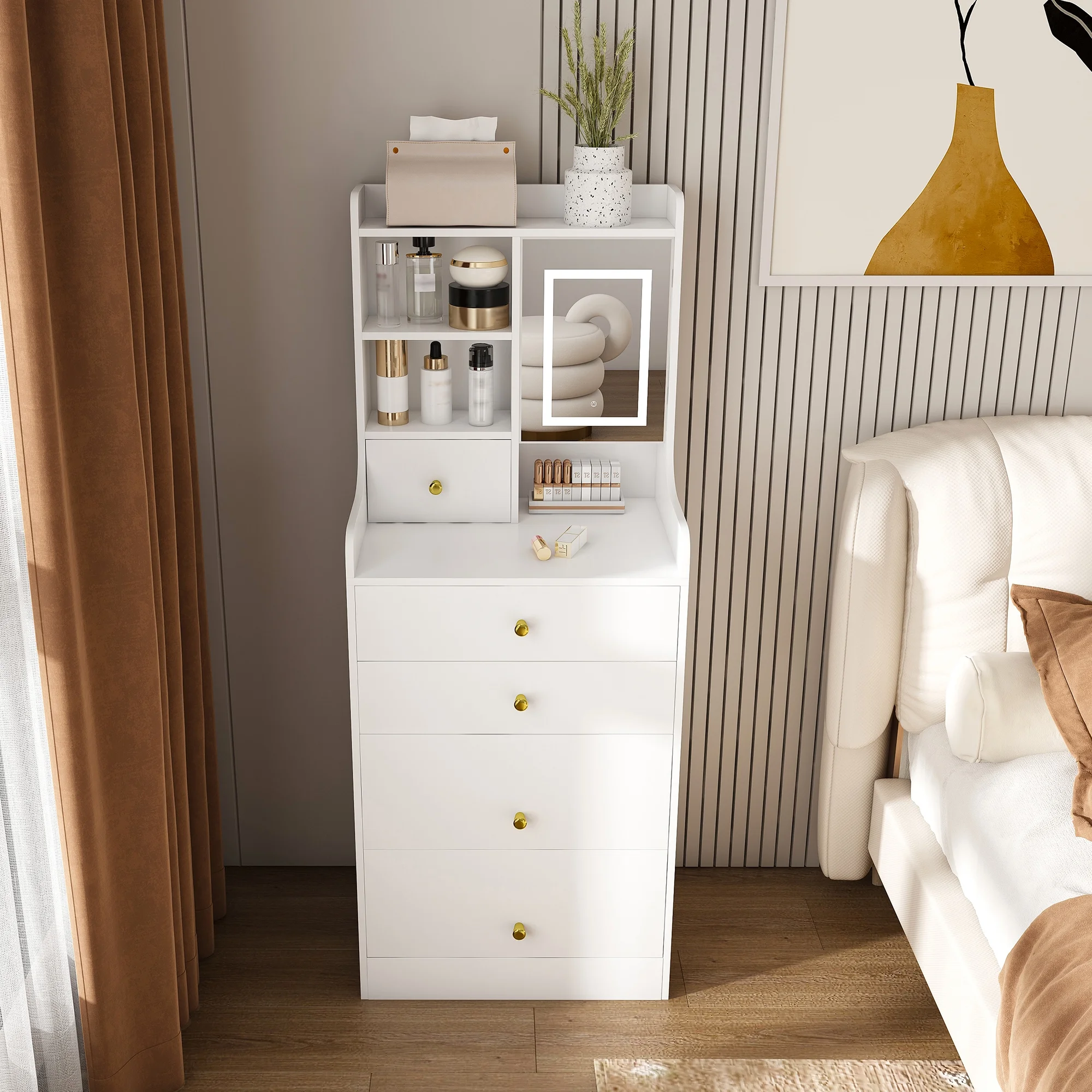 Montary Modern Mini Vanity w/Adjustable LED Mirror + Hidden Storage, Padded Stool & Dustproof Shelves (White) - Image 45
