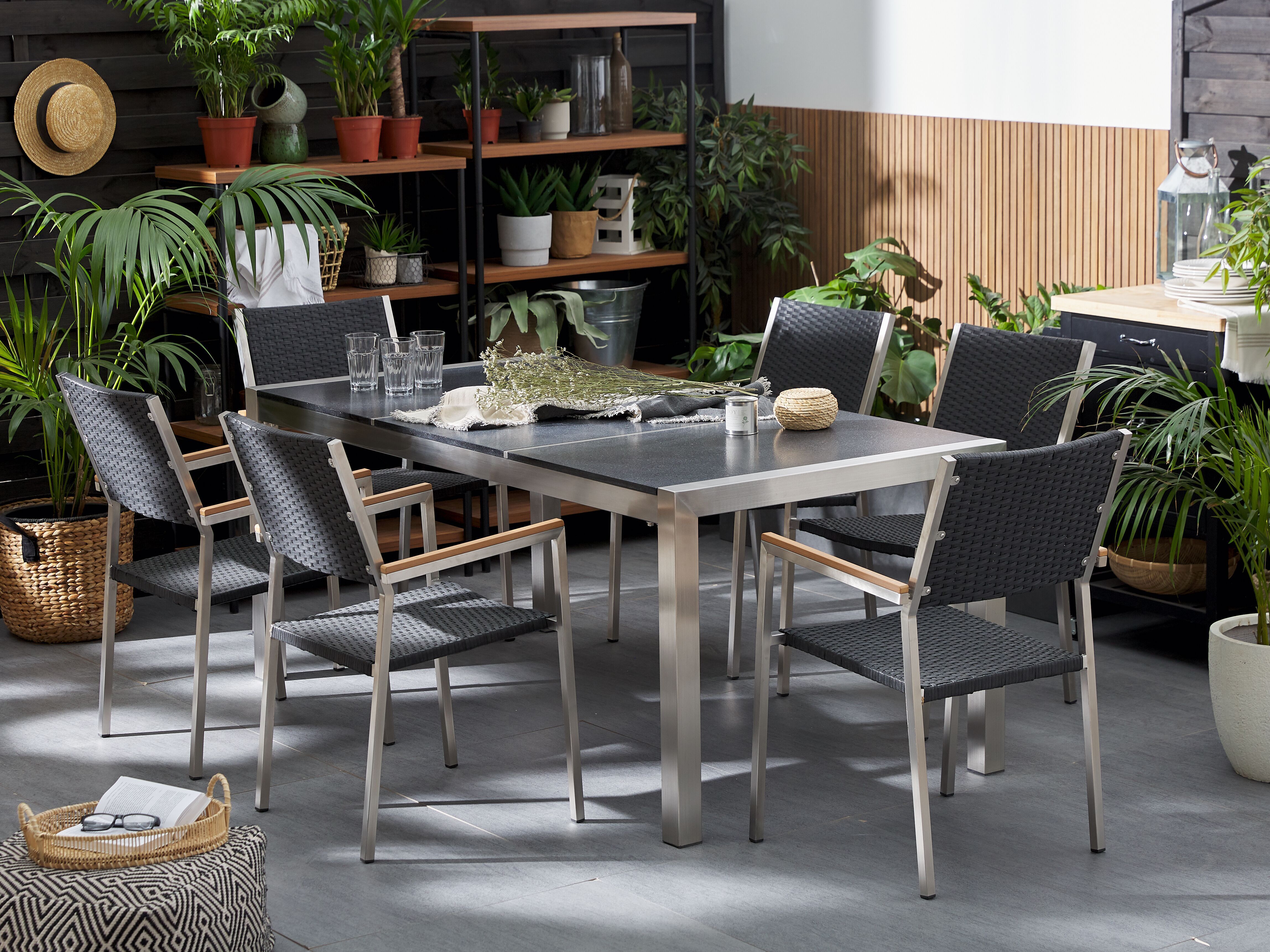 Garden Dining Set 6 Seater GROSSETO Triple Plate Basalt Flamed Black