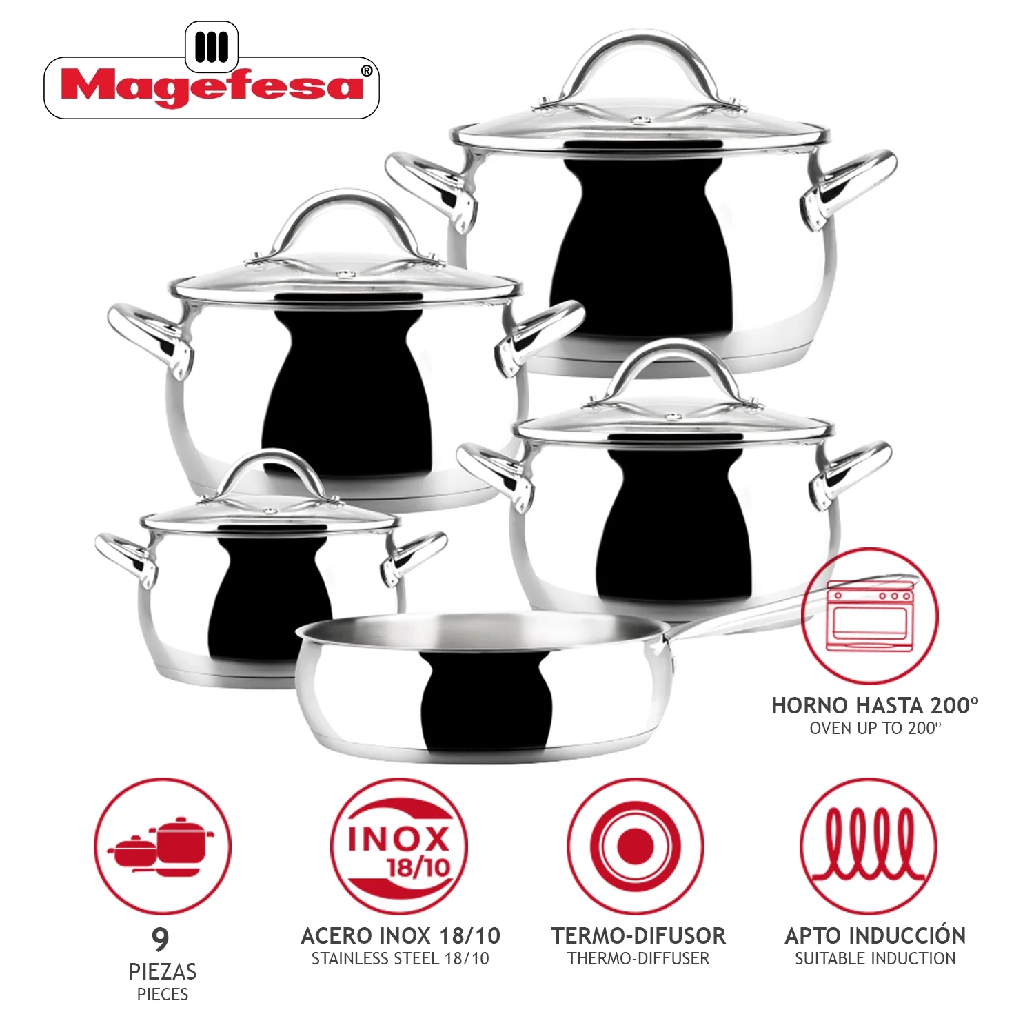 Magefesa Kuchen 9-Piece Stainless Steel Cookware Set, Includes Four Pots and a Frying Pan with Glass Lids and Ergonomic Handles, Suitable for All types of Stovetops including Induction - Image 2