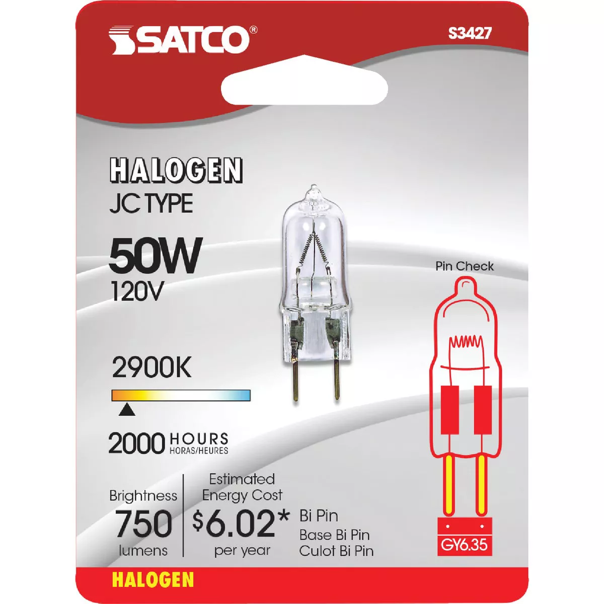 Satco 50W 120V Clear Bi-Pin GY6.35 Base T4 Halogen Special Purpose Light Bulb