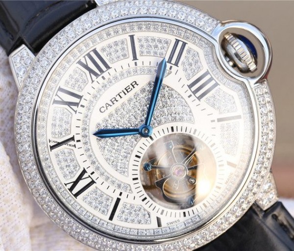 Replica Cartier Ballon Bleu de Cartier Tourbillon SS Full paved Diamonds Leather Strap - Top club