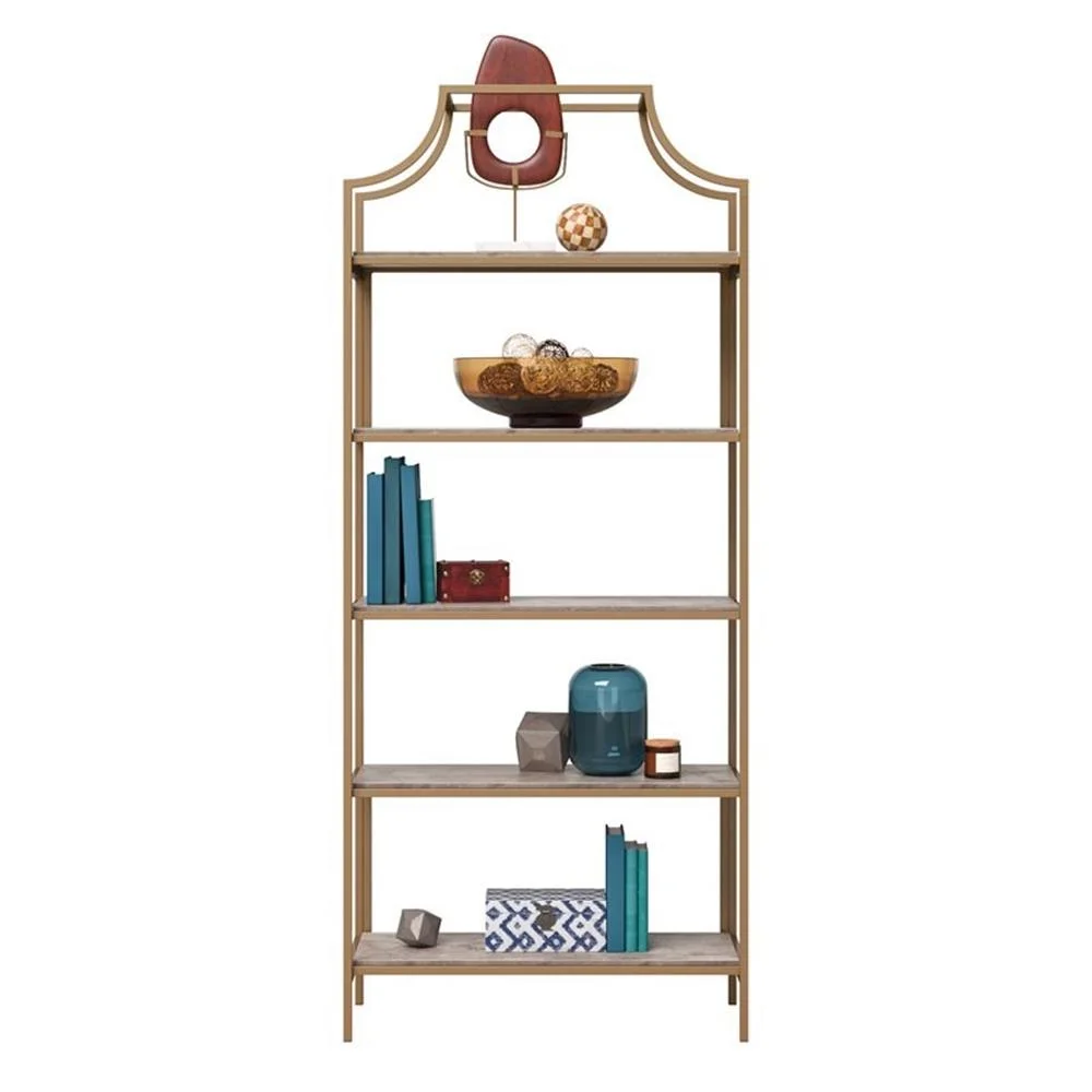 Pemberly Row 5-Shelf Modern Metal Bookcase in Gold Satin/Faux Deco Stone - Image 6