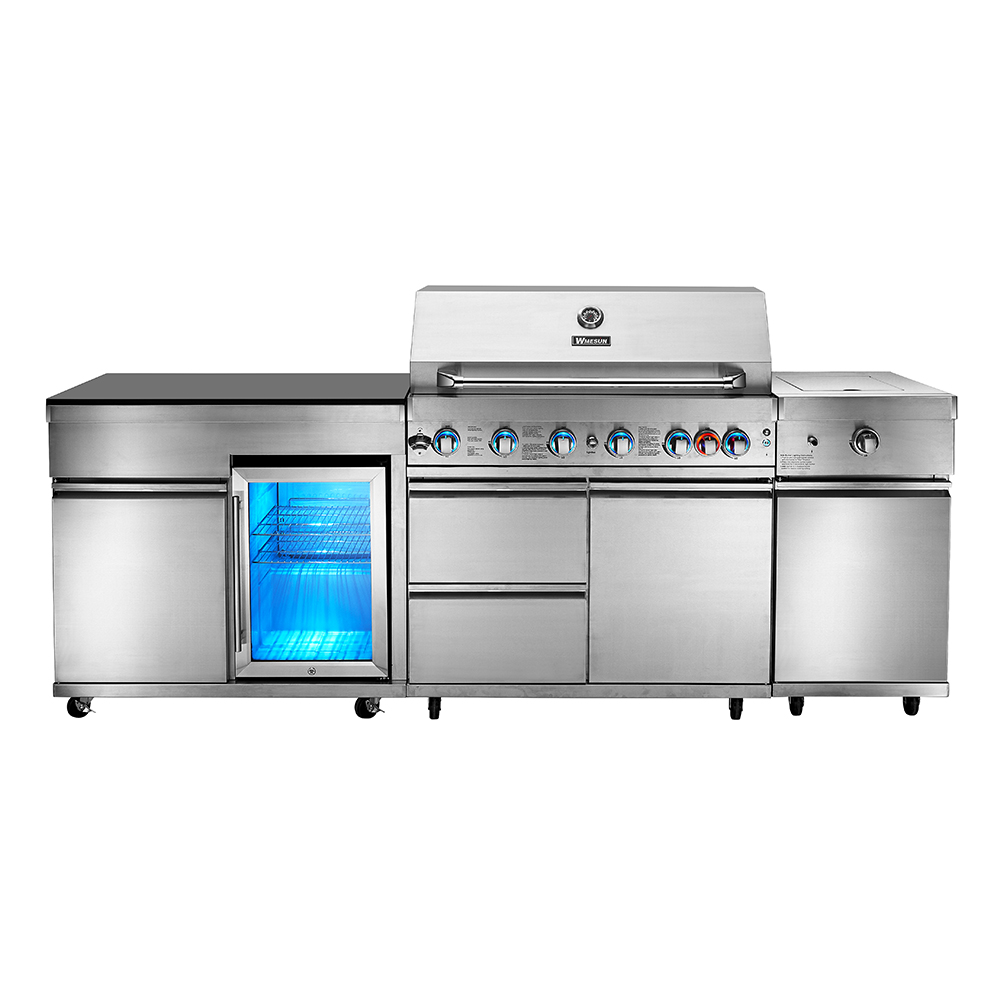 Premium Stainless Steel Gas BBQ Grill with 6+1 Burner Refrigerator Sink Tap Cabinet Trolley for Home Outdoor Use