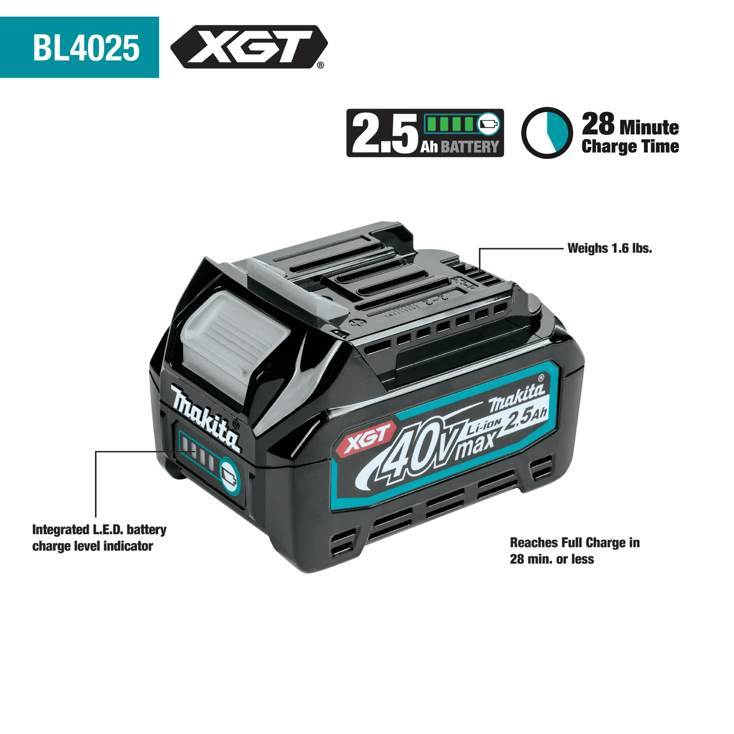 Makita  BL4025 40V 2.5 Ah Battery with Level Indicator