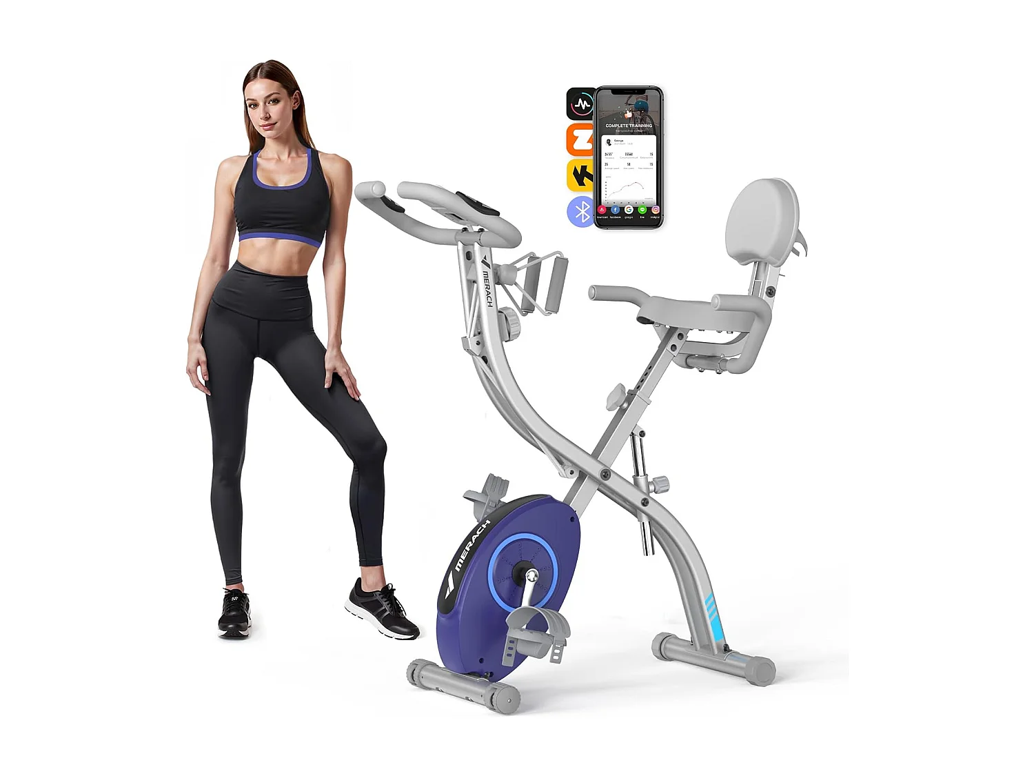 Vélo D'appartement 4 En 1 Pliable - Merach, 16 Niveaux De Résistance Magnétique, Compatible Kinomap & Zwift, Charge Max 136 kg