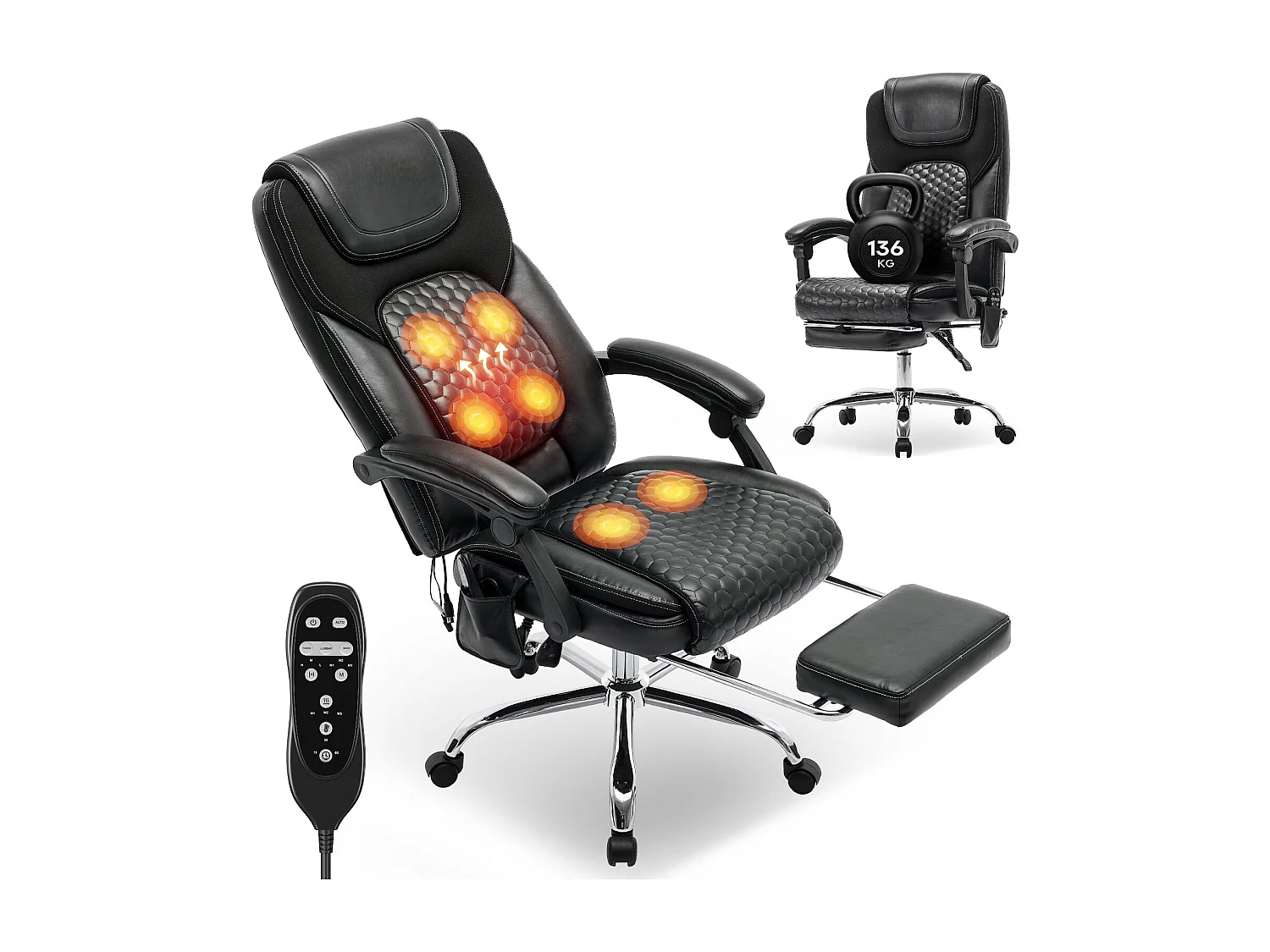 Chaise de bureau ergonomique – Massage 6 points, chauffage lombaire 3 niveaux, inclinaison réglable, repose-pieds – Noir