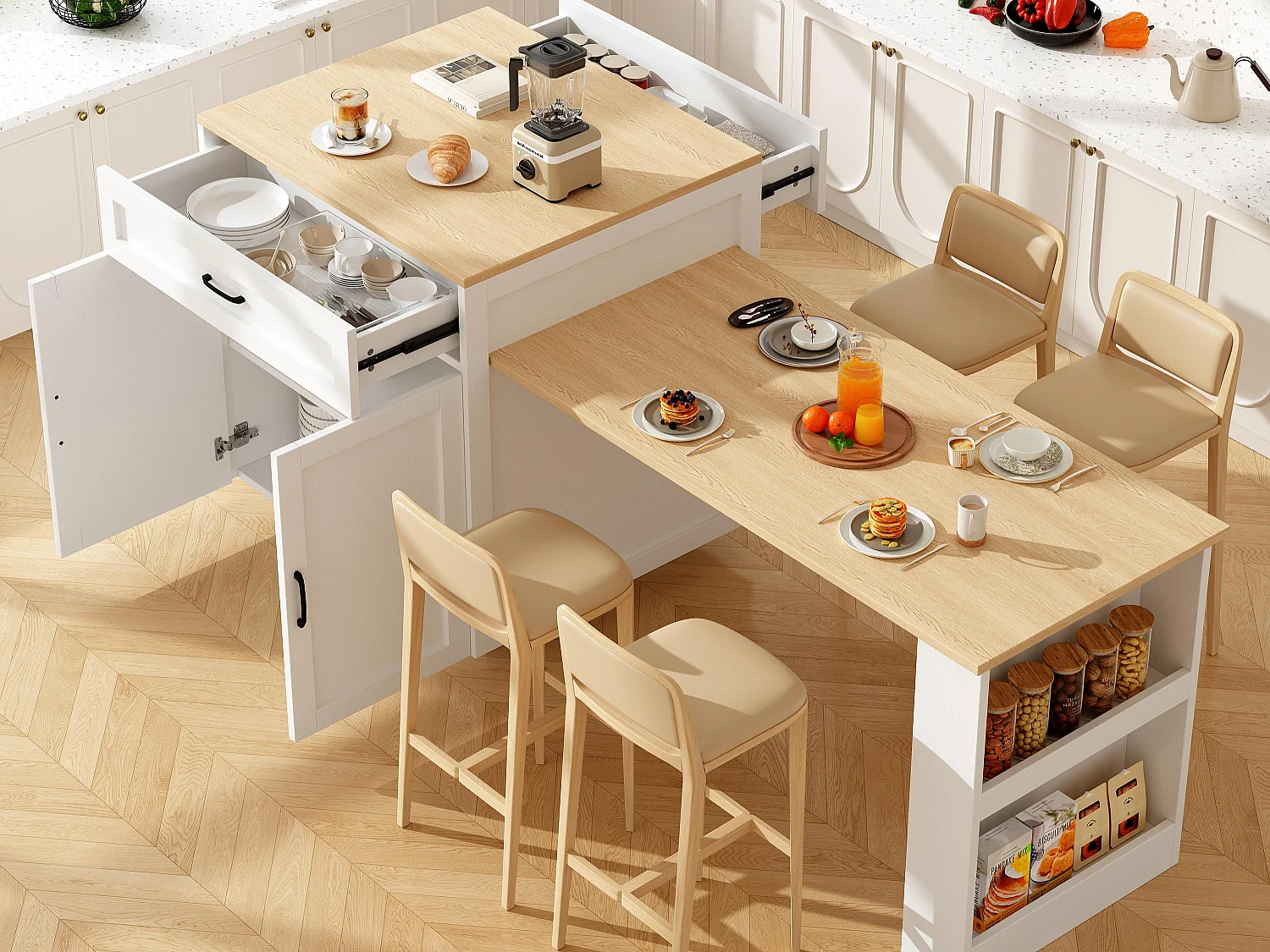 Ilot central de cuisine avec 2 portes et 2 tiroirs - Plateau extensible - Étagères ouvertes - 133(202)x59x93.5 cm - 2 à 6 personnes - Blanc+naturel